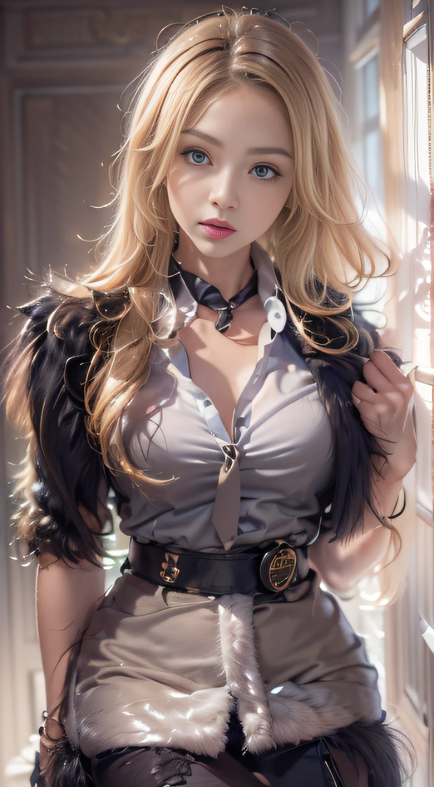 (masterpiece:1.2),(best quality:1.2), (extremely detailed:1.3),(extremely detailed face),(photorealistic:1.2),(ultra detailed),(intricate details),(8k),(detailed eyes),(sharp focus),(big breasts:1.0),(perfect breasts:1.5),(muscular body:0.2),(full body shot:1.2), 1 woman, SFW, perfect lighting, Blond hair, Sindel's Hair, long hair pulled back, Long, straight hair back, multicolored hair, Sindel,perfect hands,((obra-prima)), blue skirt suit, ((suit jacket)), open jacket, ((waistcoat)), bodycon miniskirt, tights, pocket square, microvestido, cleavage.