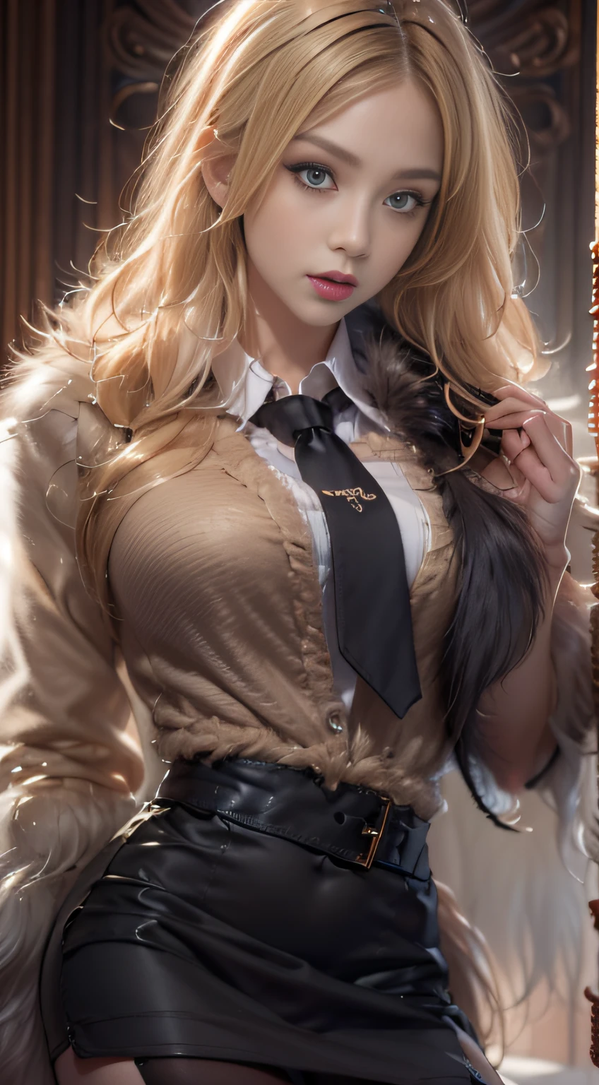 Photorealistic, high resolution, 1 Women, Solo, Waist up, Beautiful eyes, Close lips, Detailed face, Glowing blonde hair, Long hair, Collared shirt, black necktie,Black skirt, pencil skirts, Fur coat, Stockings