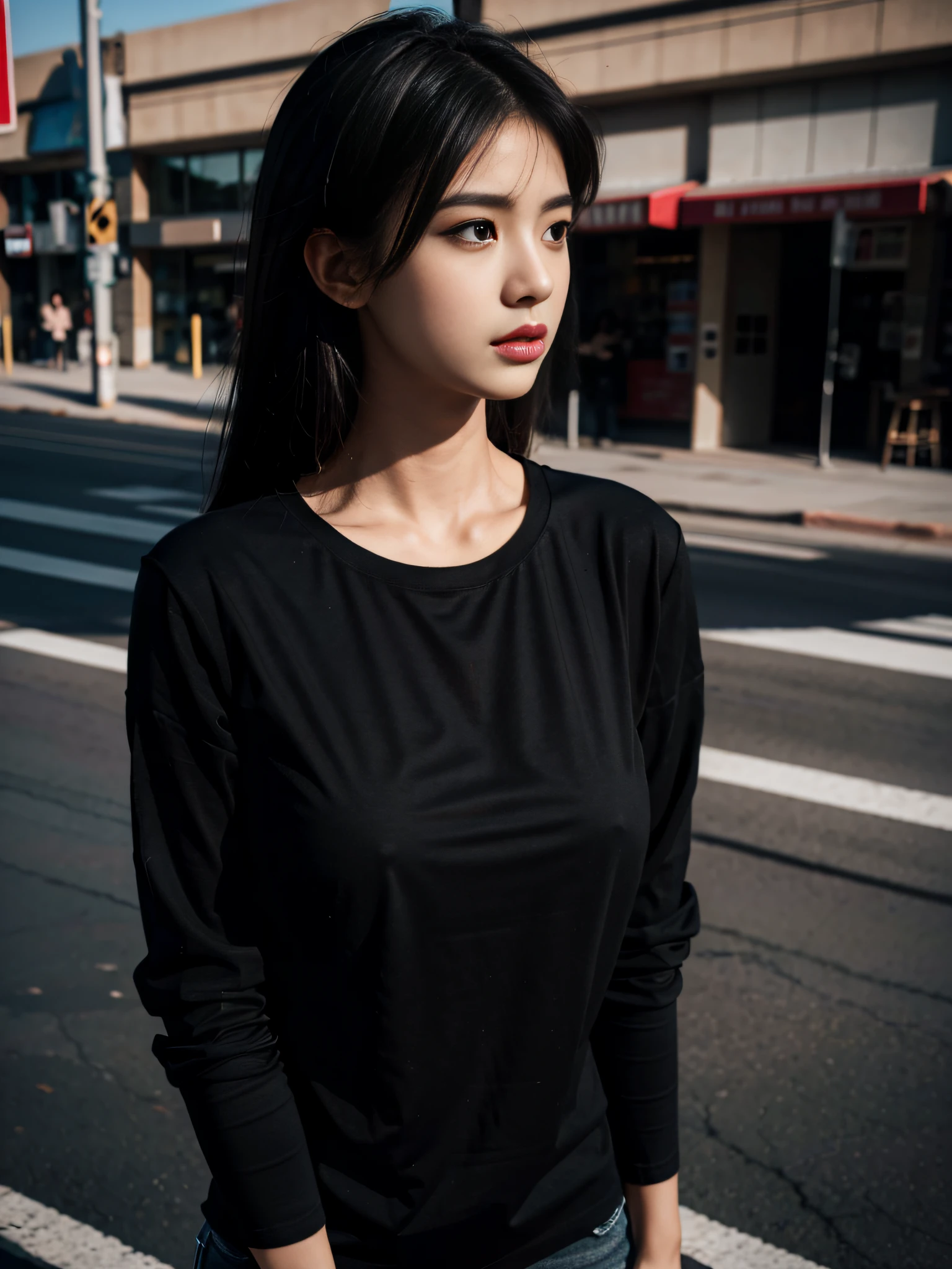 Black shirt mock up, Lady wearing black shirt, medium breast, Plain black shirt, Model, Model post, looking away, Photograph for mockup, Photorealistic, raw photo, creative photography, Detailed, best quality, 8k,