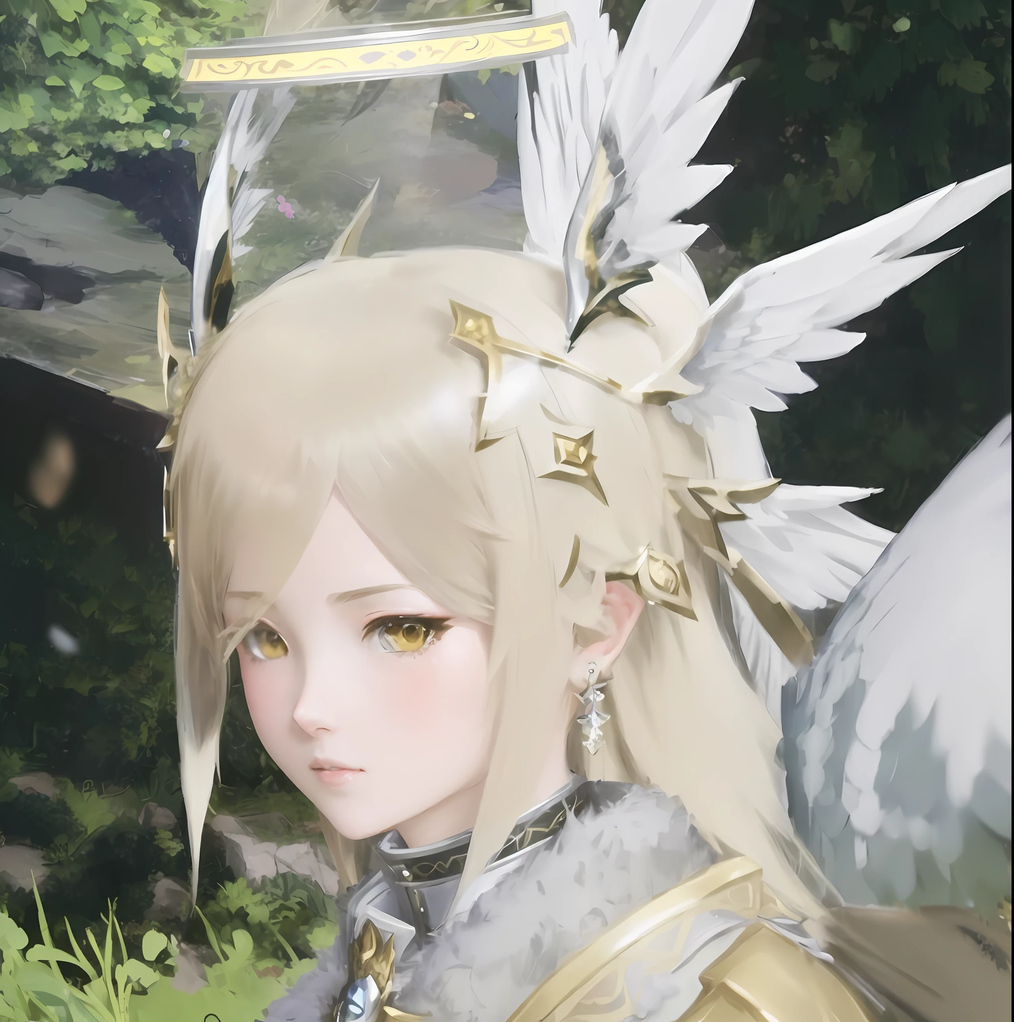 Anime - Stylistic image of a woman with a helmet and wings, akihiko yoshida. illusory engine, 8 k character details, armor angle with wing, from bravely default ii, drakengard, character close up, extremely detailed goddess shot, she has elf ears and gold eyes, intricate ornate anime cgi style, Close-up of people