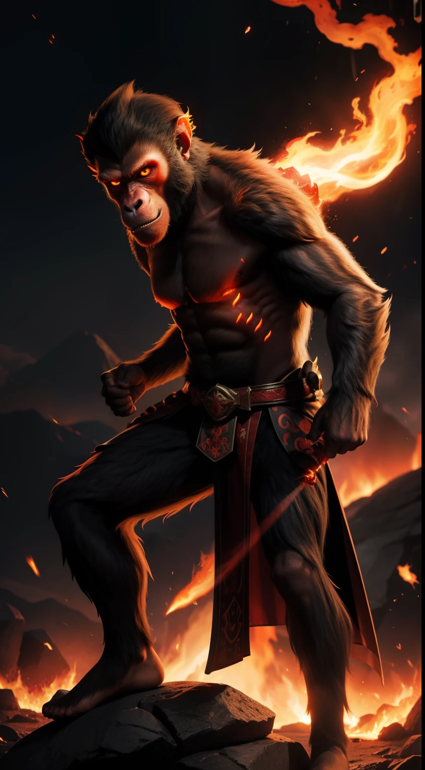 infernal-lord, monkey-head, flame-lava, fire-background, full-body, lightning-strike-on-the-left-background, cool