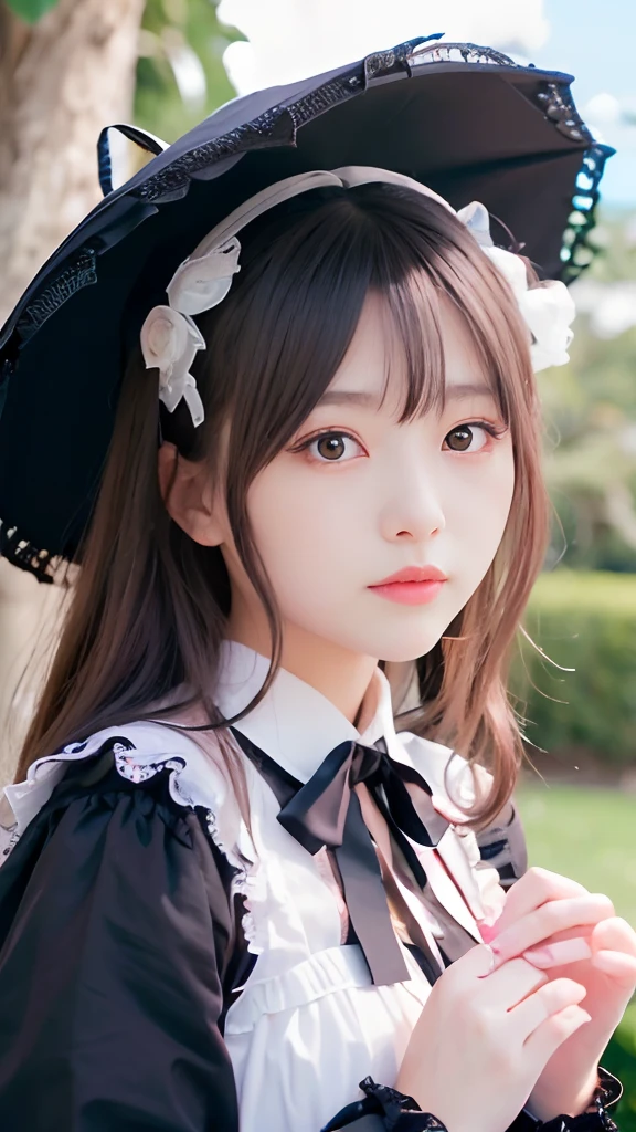 1 Nogizaka Musume、Very cute、a beauty girl、age19、(Gothic Lolita Fashion)、a blond、Looking at Viewer、Beautiful face, eyes and skin with exquisite detail、Fine black shiny hair、Classy ruffles、frilled tie、Ribbon tie、rose hair accessory、(Smile at the camera)、(up close shot)、(European seas)、profetional lighting、BREAK、(realisitic、Photorealsitic:1.37)、8K、(​masterpiece)、(top-quality:1.4)、(超A high resolution:1.2)、 (Raw photography:1.2)、(Delicate lace、Soft fabric、Beautiful rose pattern dress)、perfect anatomia、4 fingers and 1 thumb、seaside backgroud、(Wallpapers by Unity 8K)