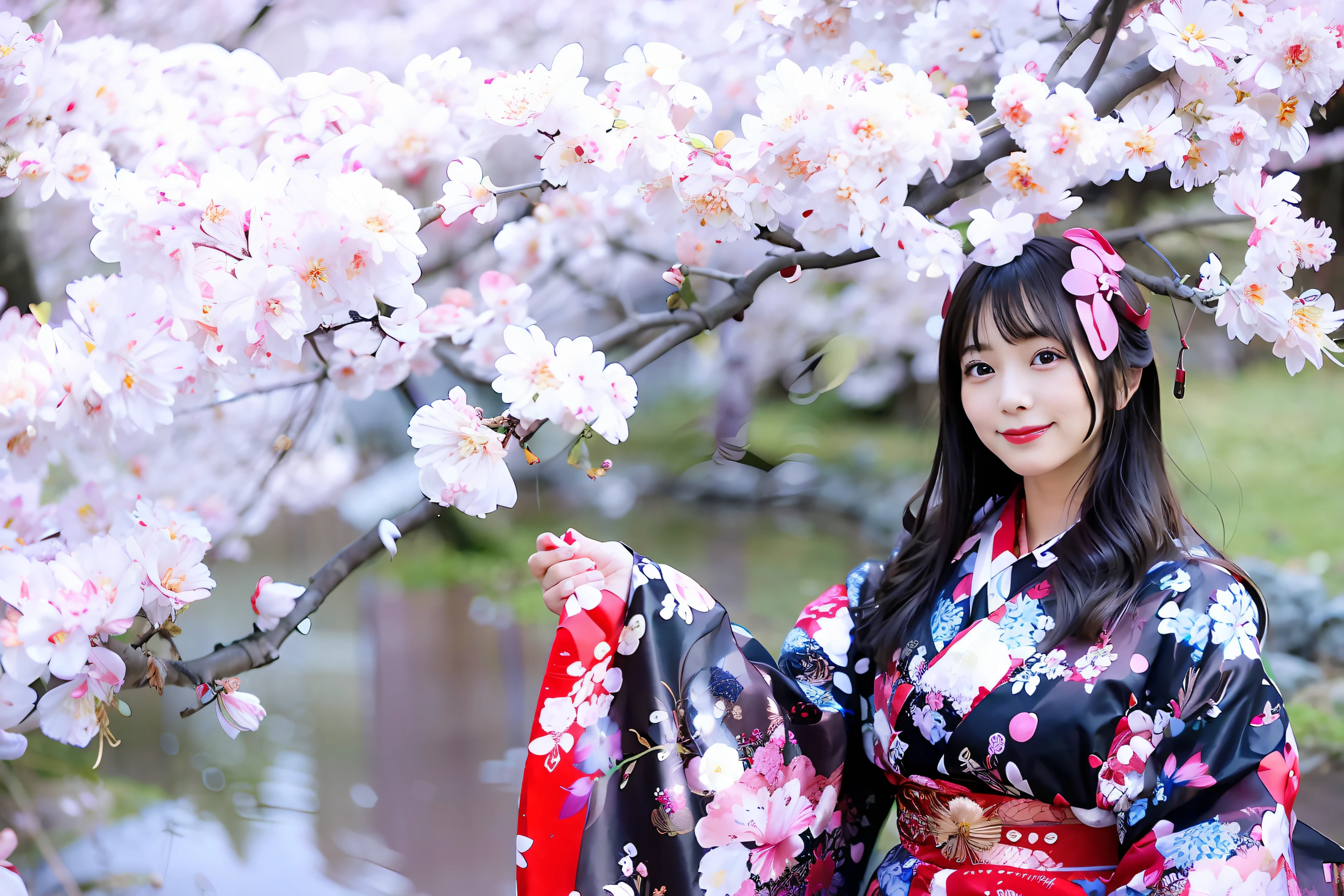 Woman in kimono dress posing for photo, A Japanese style, in a kimono, A Japanese Lady, sakura season, japanese kimono, Wearing kimono, under a cherry blossom tree, Wearing a kimono, in a kimono, japanese related with flowers, an elegant woman, beautiful girls face, goddes,  komono, wearing royal kimono