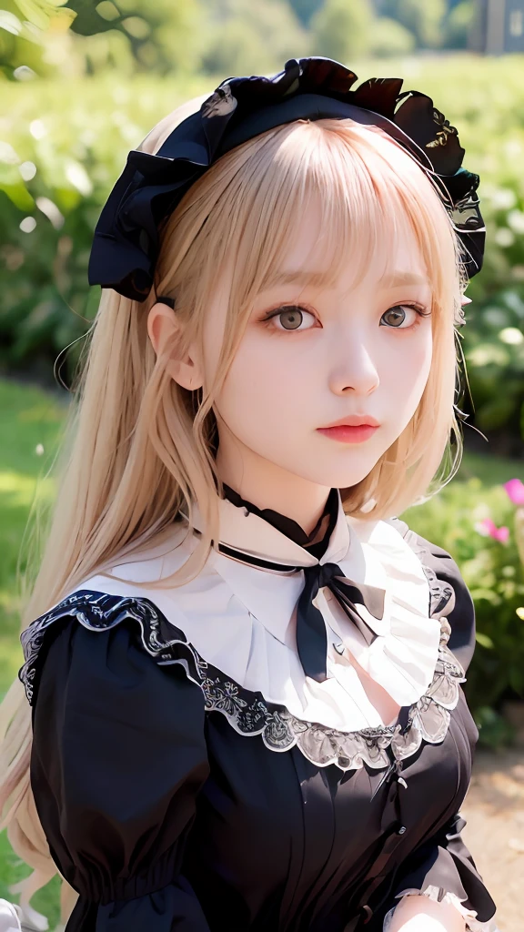 1 Nogizaka Musume、Very cute、a beauty girl、age19、(Gothic ta Fashion)、a blond、Looking at Viewer、Beautiful face, eyes and skin with exquisite detail、Fine black shiny hair、Classy ruffles、frilled tie、Ribbon tie、rose hair accessory、(Smile at the camera)、(up close shot)、(European seas)、profetional lighting、BREAK、(realisitic、Photorealsitic:1.37)、8K、(masterpiece)、(top-quality:1.4)、(超A high resolution:1.2)、 (Raw photography:1.2)、(Delicate lace、Soft fabric、Beautiful rose pattern dress)、perfect anatomia、4 fingers and 1 thumb、seaside backgroud、(Wallpapers by Unity 8K)