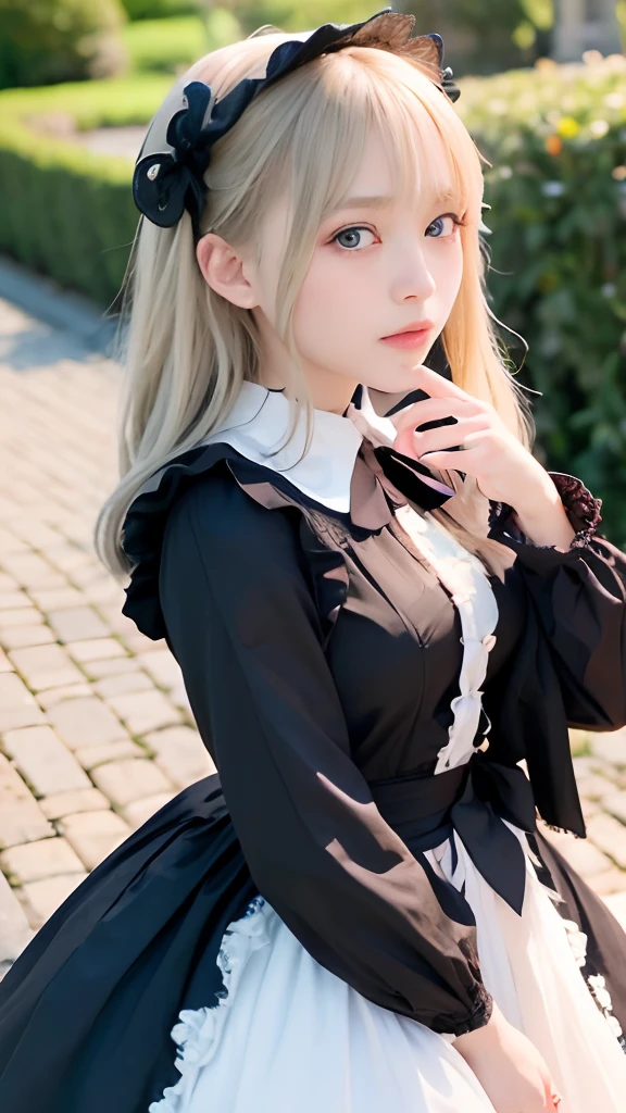 1 Nogizaka Musume、Very cute、a beauty girl、age19、(Gothic ta Fashion)、a blond、Looking at Viewer、Beautiful face, eyes and skin with exquisite detail、Fine black shiny hair、Classy ruffles、frilled tie、Ribbon tie、rose hair accessory、(Smile at the camera)、(up close shot)、(European seas)、profetional lighting、BREAK、(realisitic、Photorealsitic:1.37)、8K、(​masterpiece)、(top-quality:1.4)、(超A high resolution:1.2)、 (Raw photography:1.2)、(Delicate lace、Soft fabric、Beautiful rose pattern dress)、perfect anatomia、4 fingers and 1 thumb、seaside backgroud、(Wallpapers by Unity 8K)