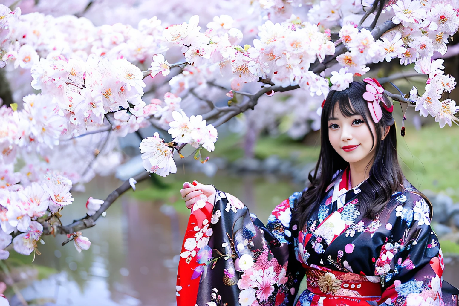 Woman in kimono dress posing for photo, A Japanese style, in a kimono, A Japanese Lady, sakura season, japanese kimono, Wearing kimono, under a cherry blossom tree, Wearing a kimono, in a kimono, japanese related with flowers, an elegant woman, beautiful girls face, goddes, komono, wearing royal kimono