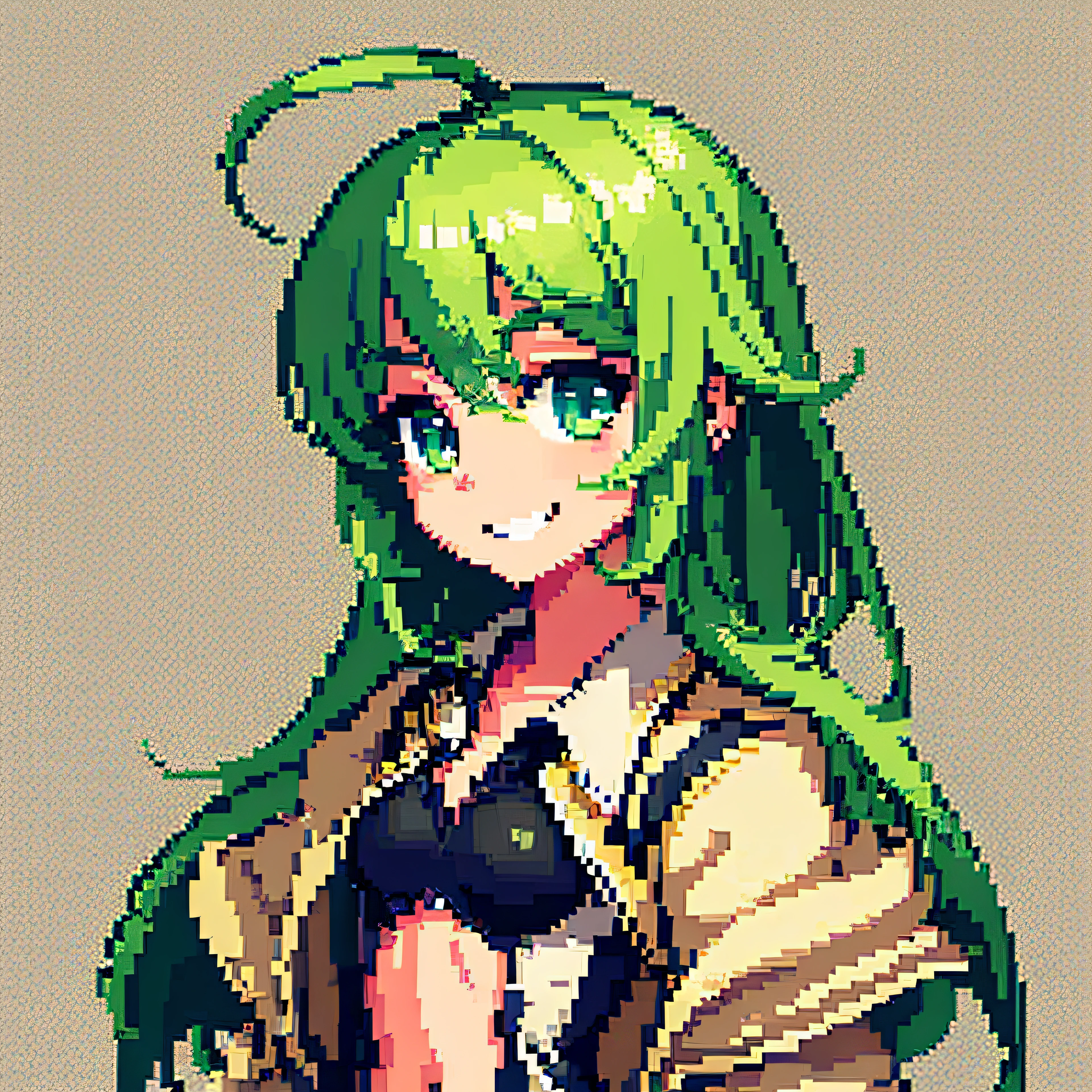 hcnone, Pixel art, Masterpiece, pix, 1girll, Portrait, Beige lace, Light green hair, Green eyes, Petite, Small chest, Face only, view the viewer, Profile picture, Smile, grin, Tsundere, ahoge, Anime style, Cute, Simple background, greybackground