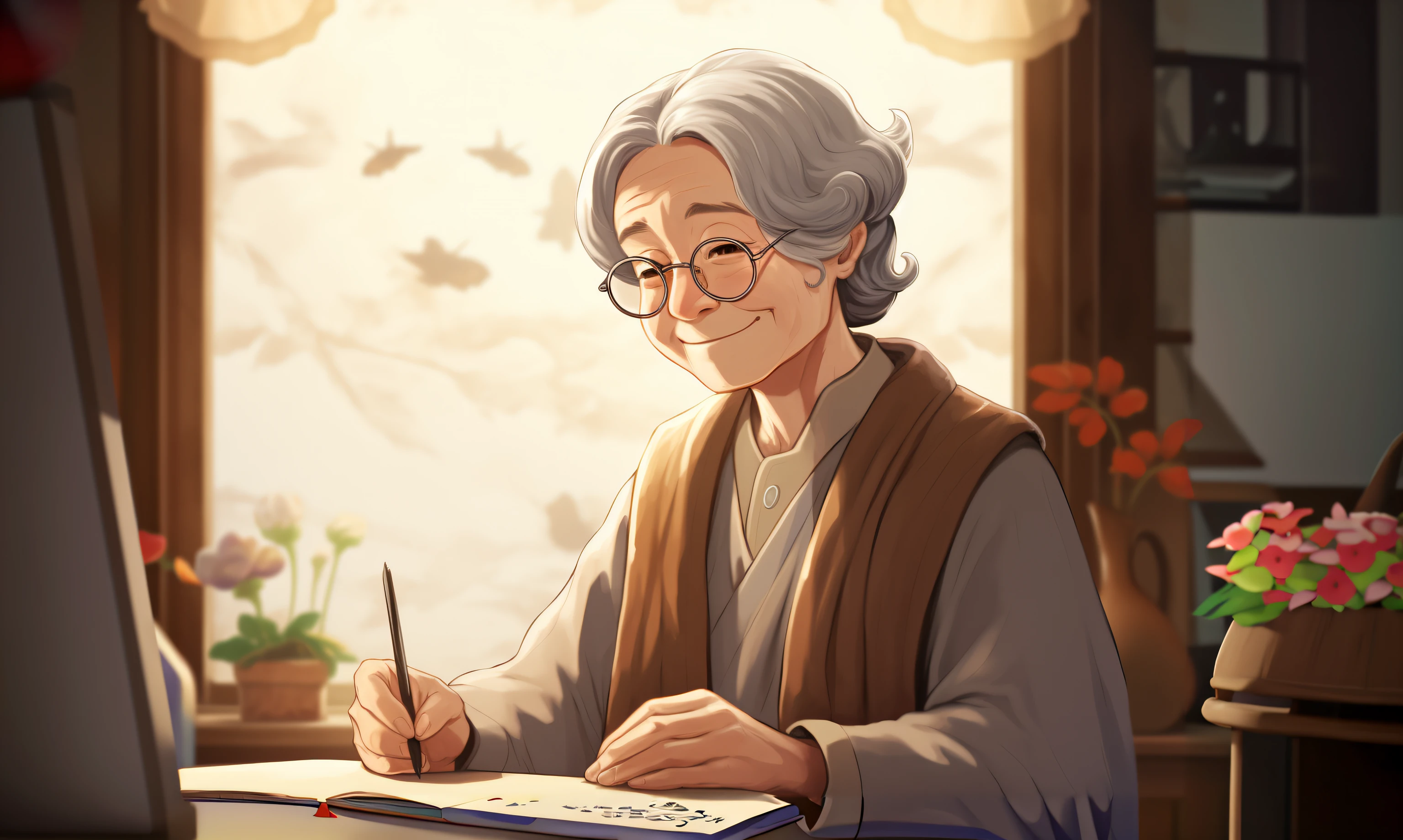 There was a woman sitting at a table writing a book, Detailed fanart, inspired by the senior character artist, Old lady, author：Li Zai, inspired by Chen Daofu, author：Li Meishu, inspired by Lü Ji, Grandma, An old lady, author：Shen Shizhen, By Leng Mei, Shouko Nishimiya, inspired by Li Fangying