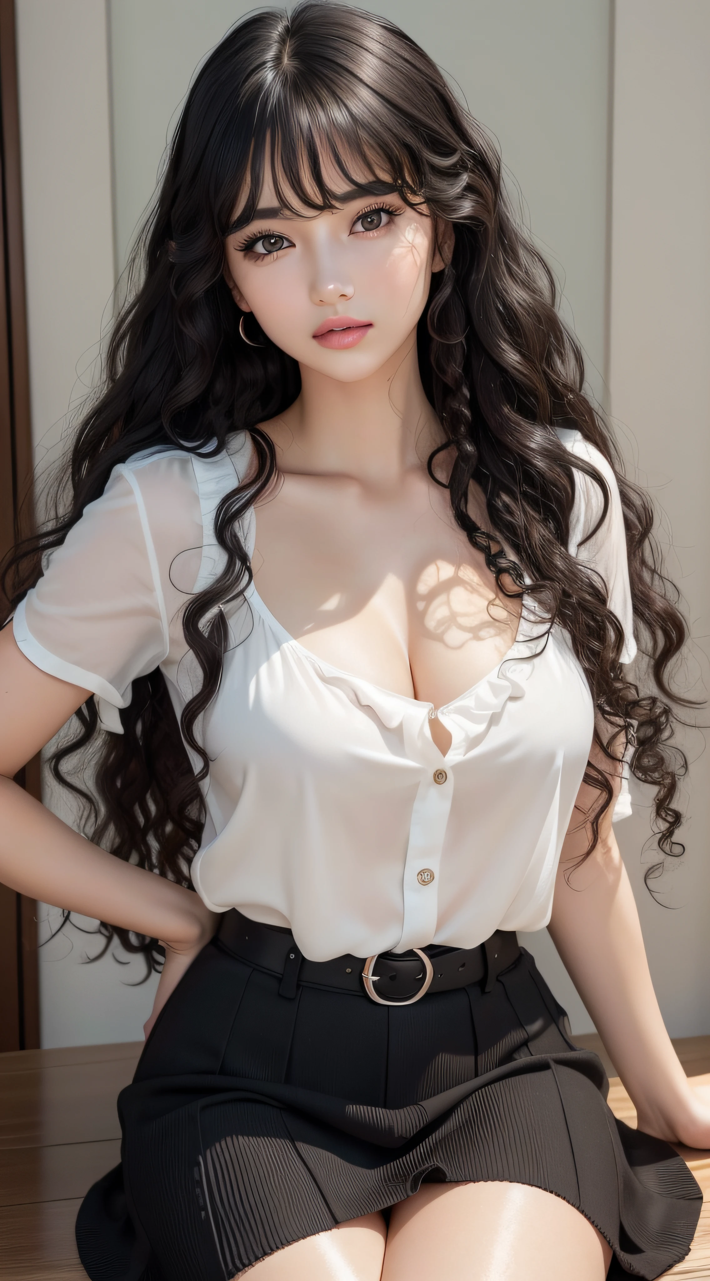 beautiful women, college girl, masterpiece, best quality, ultra detailed, photo realistic, shiny eyes, detailed face, collarbone, beautiful eyes, green eyes, detailed eyeshadows, black hair, lip gloss, pink lip, makeup, sexy, (attractive:1.5), (bangs:1.3), (shiny skin:1.1), sharp focus, puffy eyes, (kpop idol:1), (wavy hair:1.5), full body, (long hair:1), wearing black shirt, black skirt, white shoes, (beautiful:1.5)