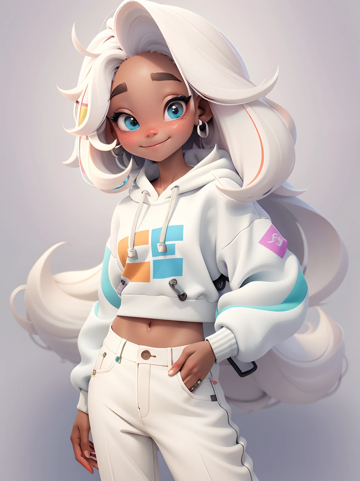 uma menina, corpo inteiro, cabelo longo, curto, enrolado, sorriso branco, com fones de ouvido branco, sweatshirt and pants, multicolorido, tridimensional, Miscellaneous color matching, using resolution