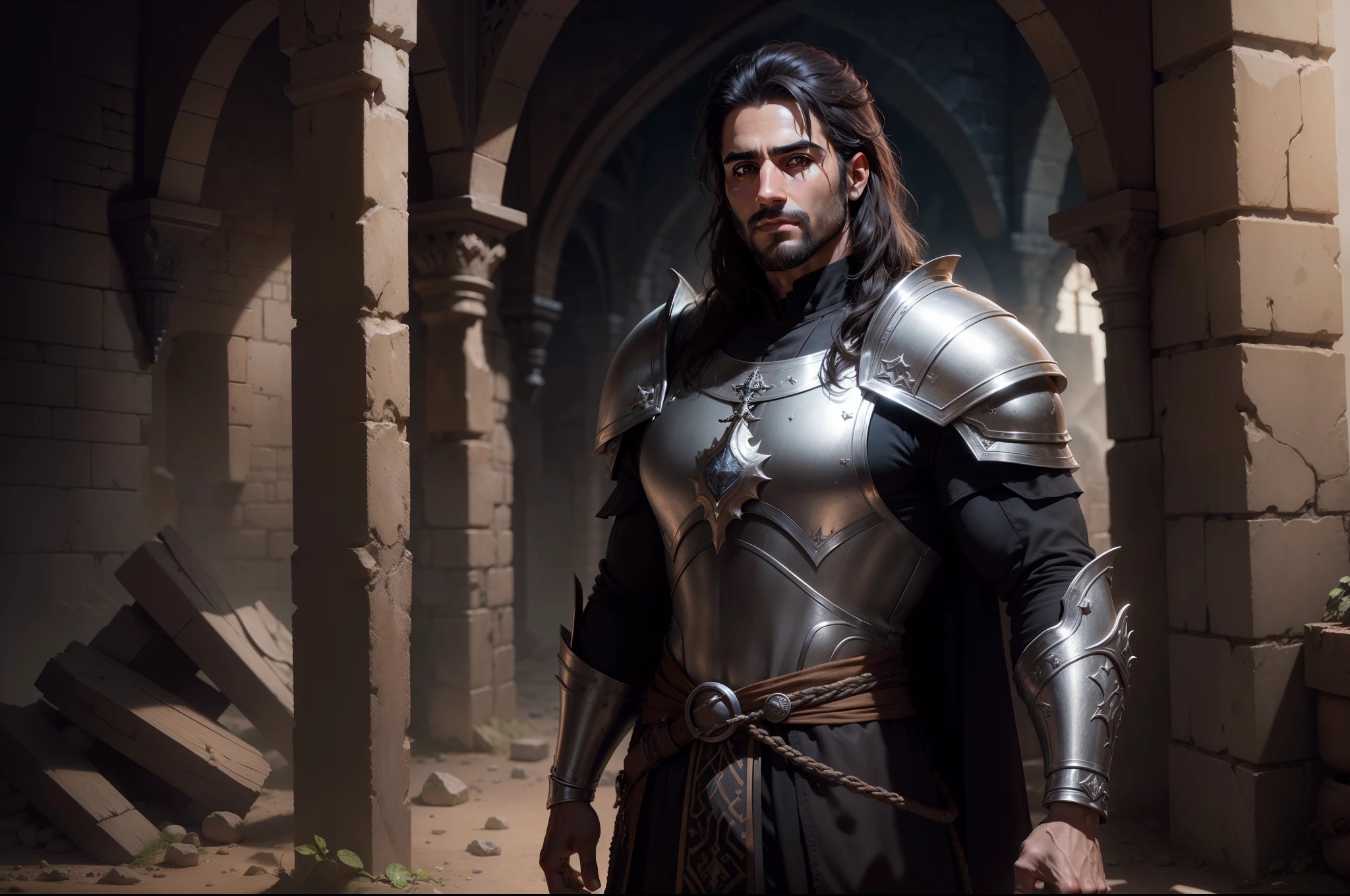 Realistic 8k image of a 30-year-old man, with Arab features, short hair, dressed in dark cleric clothes and silver shoulder pads, in a rustic, destroyed dungeon
