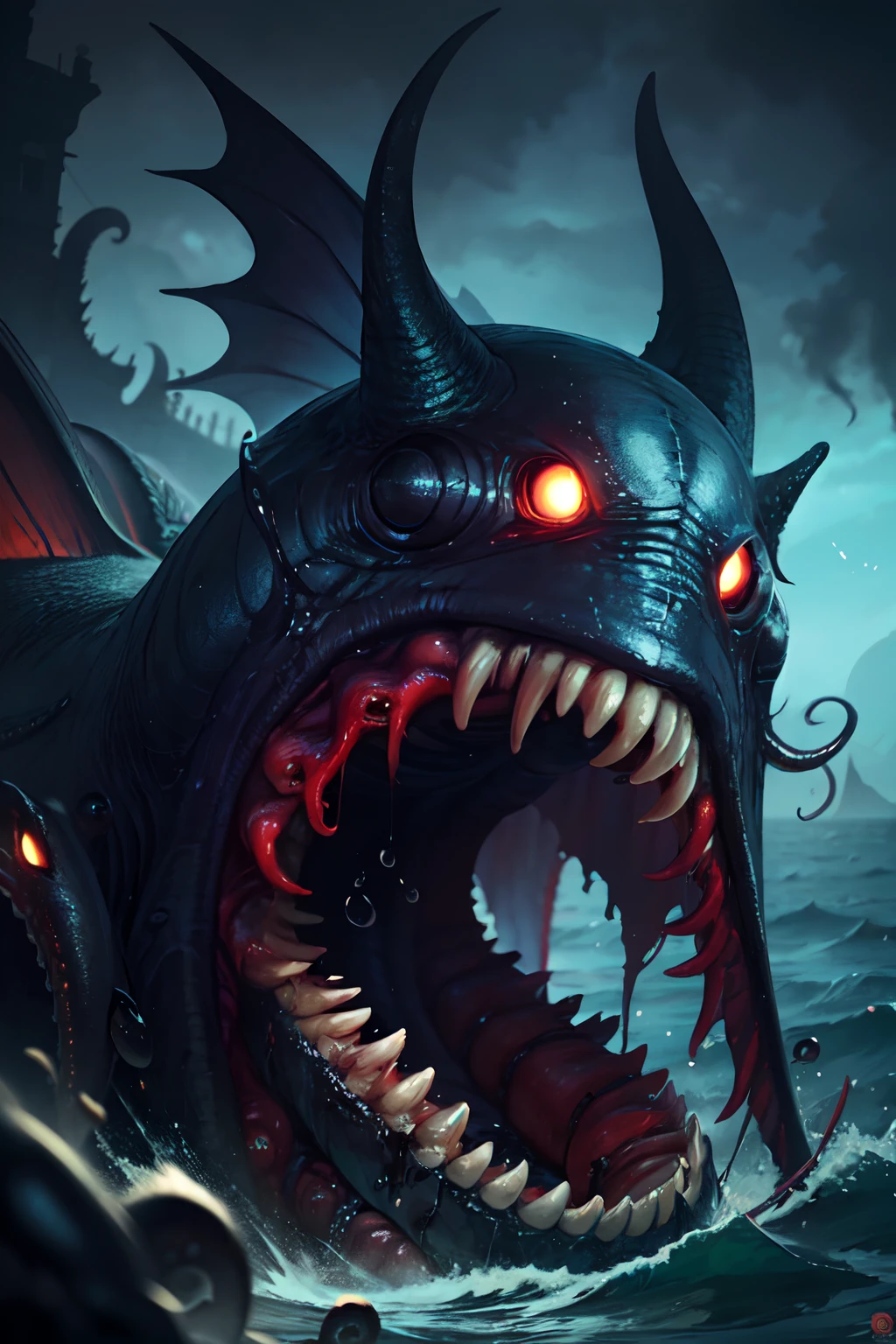 8K, Super detail, ccurate, Best quality, Masterpiece, Super detail, High details, High quality, Best quality, A high resolution
,nigth,darkly,raiden,Cthulhu,Monster,Fish,tentaculata,The body is covered with many eyeballs,Black seawater,Recife,swell sea