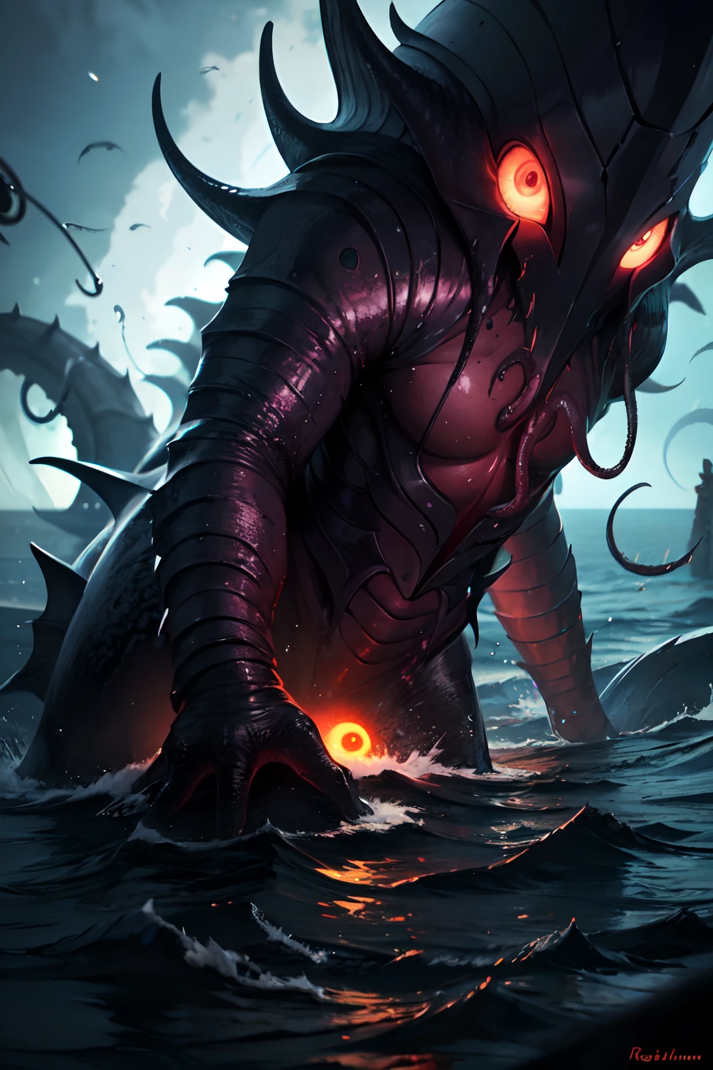8K, Super detail, ccurate, Best quality, Masterpiece, Super detail, High details, High quality, Best quality, A high resolution
,nigth,darkly,raiden,Cthulhu,Monster,Fish,tentaculata,The body is covered with many eyeballs,Black seawater,Recife,swell sea