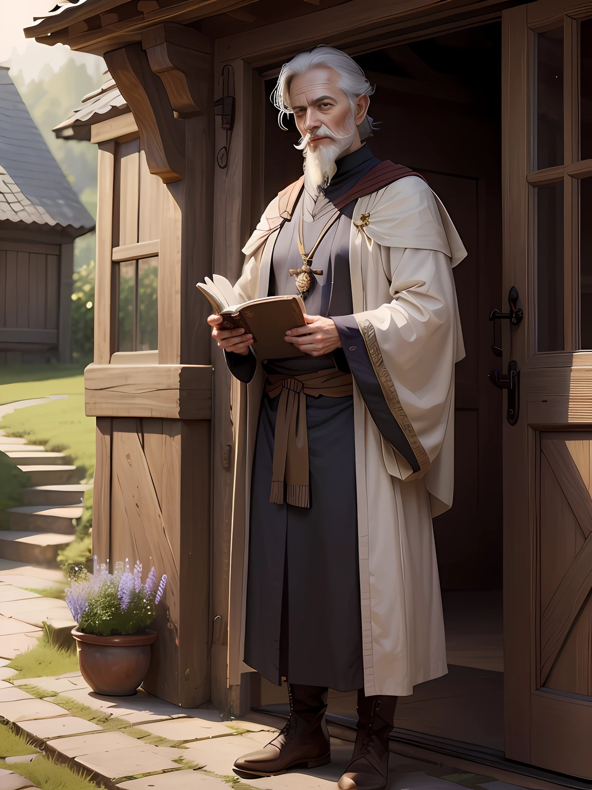 In a serene village tucked away between rolling hills and tranquil meadows, lived a venerable sage named Master Eldric. His eyes held the weight of centuries' worth of wisdom, and his heart radiated warmth that embraced all who crossed his path. Master Eldric was renowned not only for his understanding of the world but also for his mastery in the art of leading a truly enriching life. Old but handsome face, wise and kind, light smile, full body shot, standing, wearing boots, holding a book, simple dress