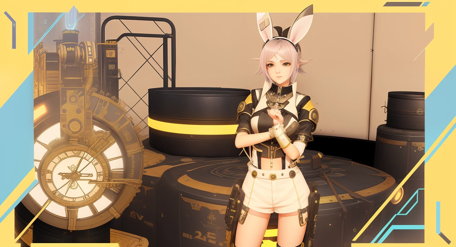 Next to the clock stands a woman in costume, tranding on pxiv, inspired by Masamune Shirow, mechanic punk outfit, final fantasy 14 style, Wearing cybernetic bunny ears, Solarpunk!!!, Solarpunk style, twintails white_gloves, Inspired by Shukei Sesson, cyberpunk setting, Solarpunk Human