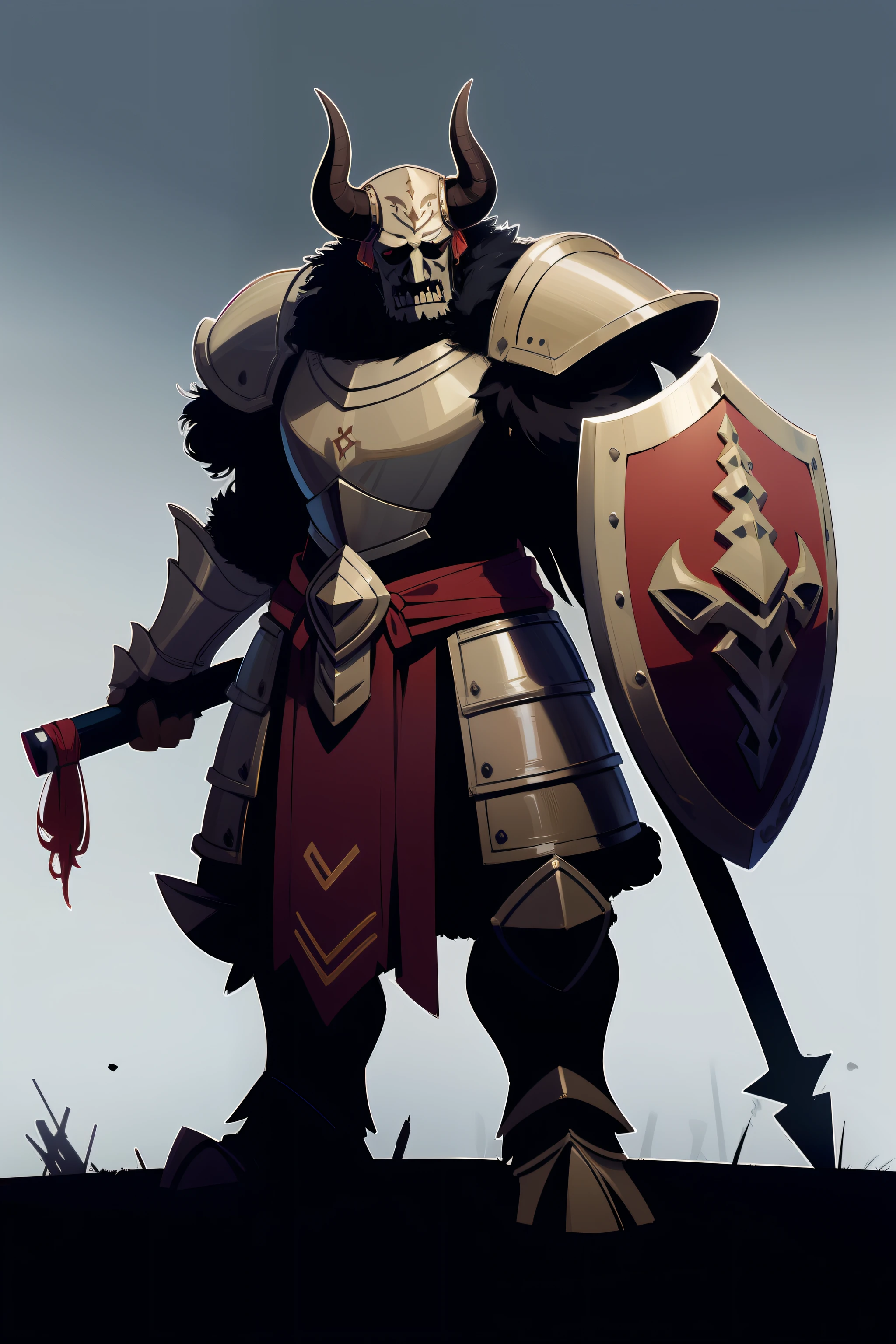 A towering minotaur monster game asset standing ominous and still, extremely detailed fur texturing, head of a bull, nose ring piercing, armor made of skulls, axe and shield in hand