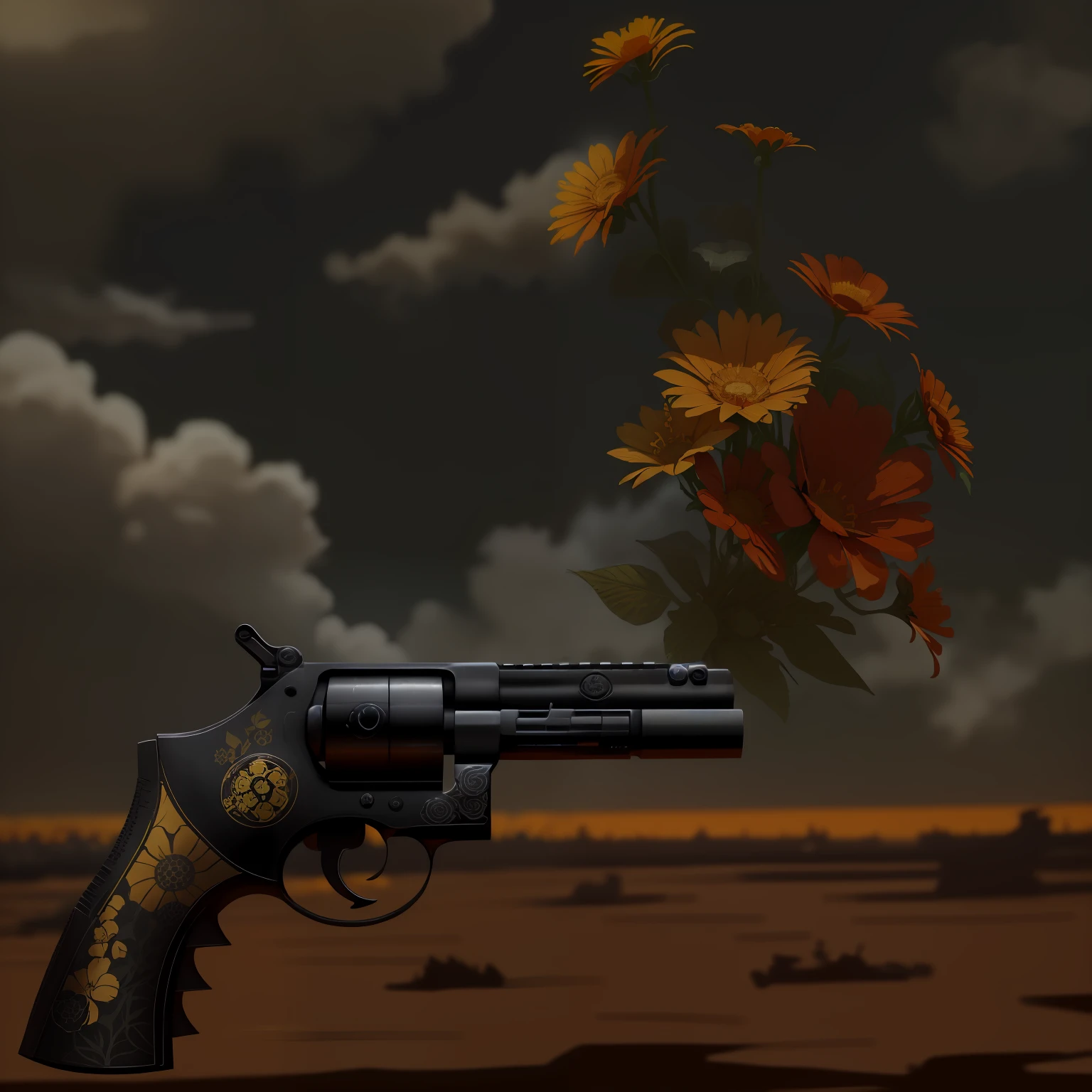 The flowers are colorful，Gun God mechanized，The background is random，The hand holding the gun，The smiley's smiley badge hangs on the wrist，Gun handle on hand，Flowers are more vivid，Overall printmaking style