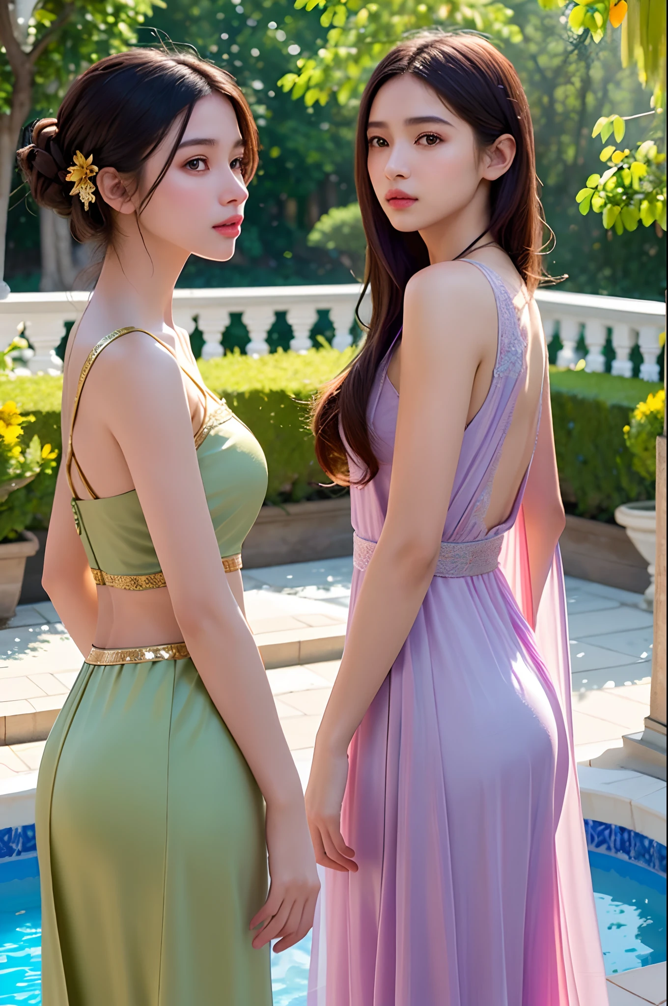 Highly detailed RAW color photography, two young girls, European, Arab, black, Asian, (squash dance), spectators, (Turkish sultan's harem), (near the pool), outdoor, back, (slim), (detailed skin), (detailed lips), (detailed eyes), (flowers, fruits), (rainbow bridge: 1.4), (fantasy), (detailed face), (figures), detailed eyes, chromatic aberration, depth of field, soft lighting, masterpiece, best quality, intricate, (reflection: 0.7), (Bloom: 0.7), particle effects, ray tracing, tone mapping, high detail, concept art, smoothness, sharp focus, dramatic lighting, highly detailed illustrations, cinematic, hyper-realistic painting, 8K, incredible shadows, realism (highly detailed background: 1.2)