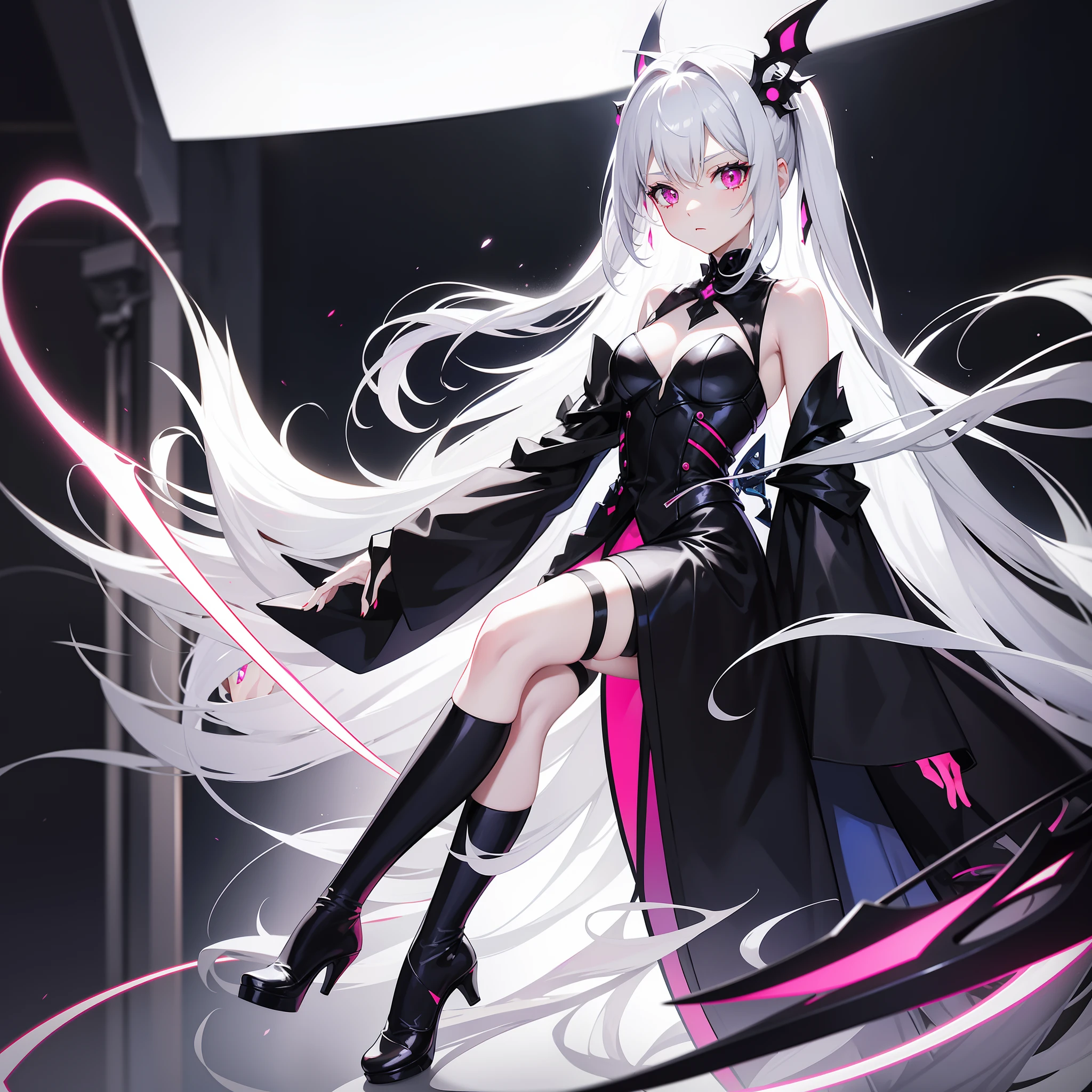 silver-white long hair，Fuchsia eyes。A black-and-red striped machine futuristic gothic loli outfit，Black cape，black pantyhoses，Black shoes，A silver-white scythe in his hand，Air bangs，Fantastic colors of the picture，The eyes shone red，Behind it is the atmosphere of the battlefield，Wary of a cautious expression，A blue magic array was stepped on under his feet，close-up on legs