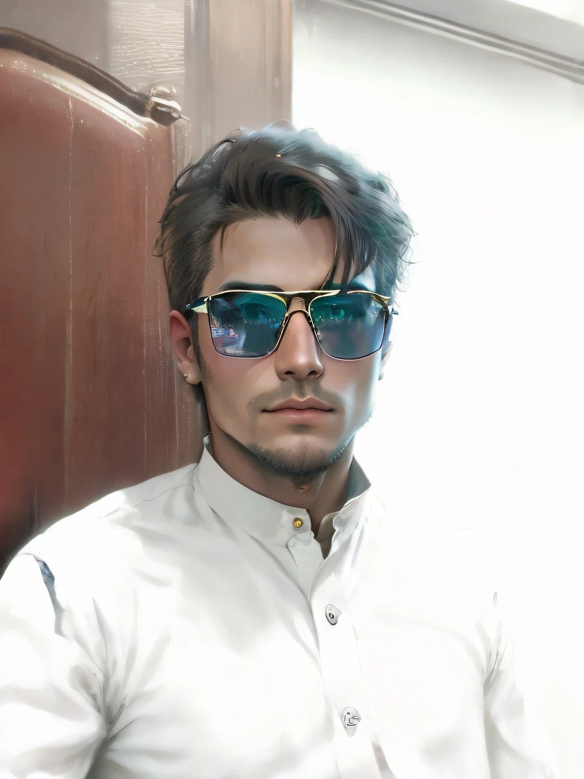 realistic face don't change face chape or glasses just change baackground to cyberpunk, handsome boy, boys hair king clothes and sitting on king chair