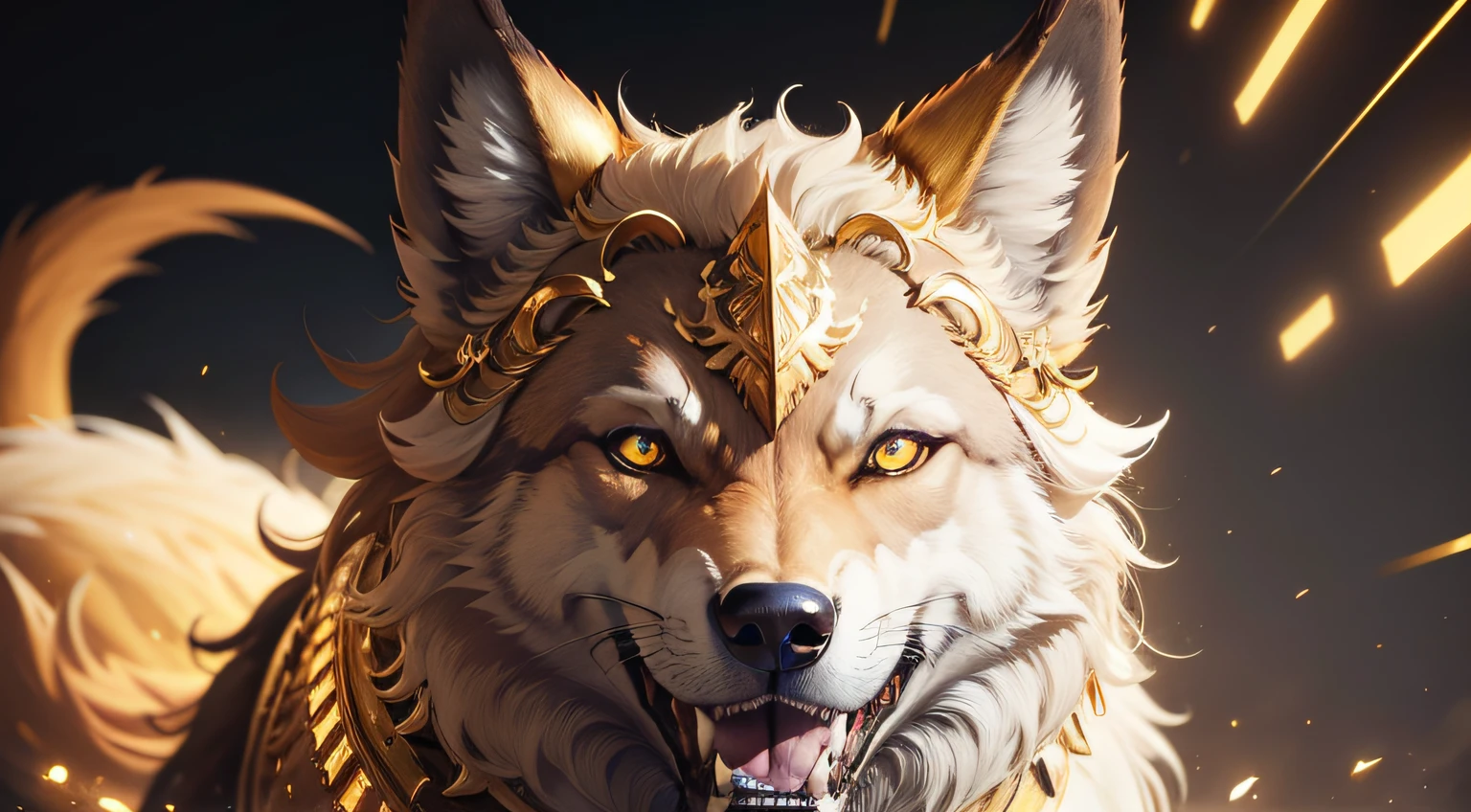 a wolf with gold ornement and golden glowy eyes showing his teeth agressive ultra realistic 4K hd rtx light oasis background