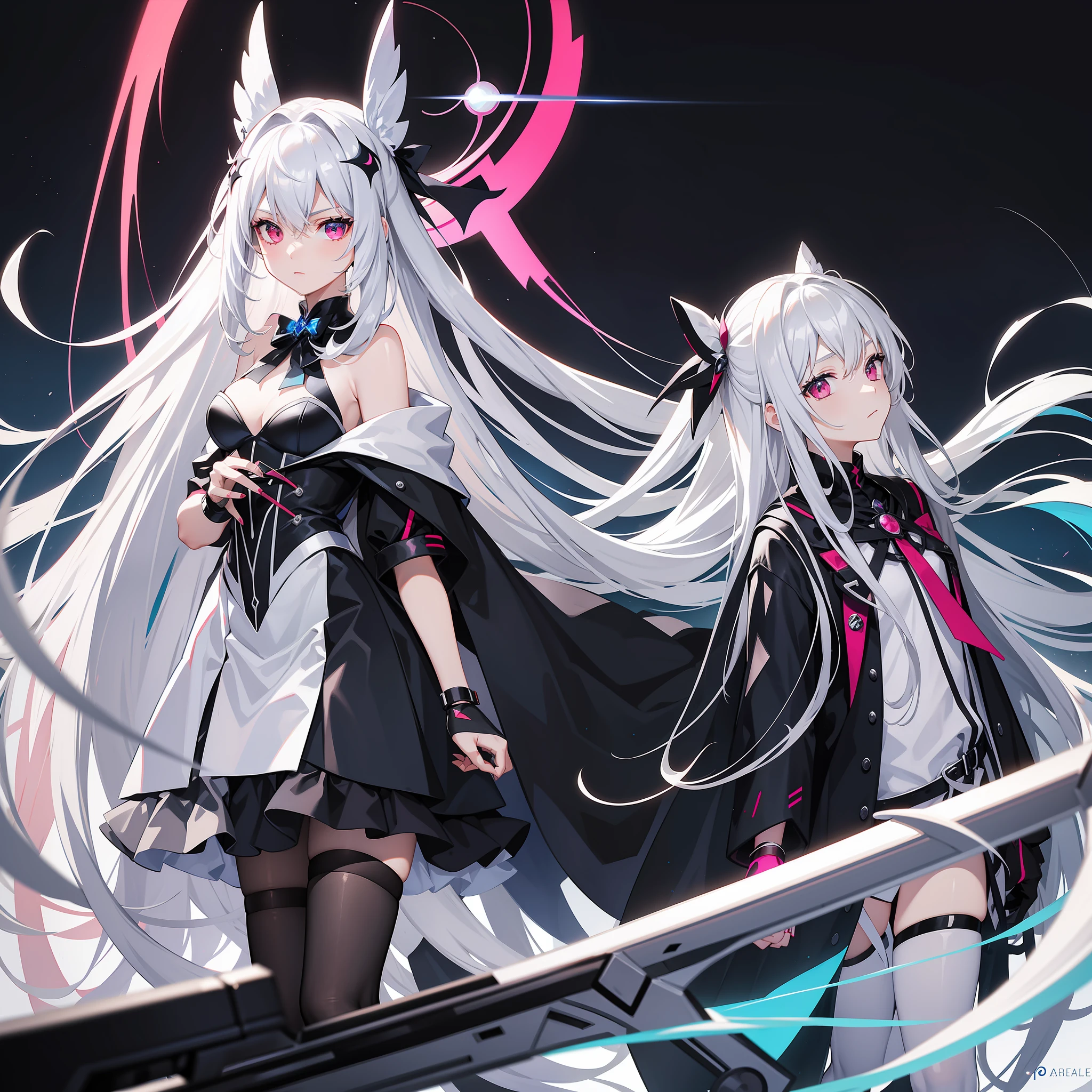 silver-white long hair，Fuchsia eyes。A black-and-red striped machine futuristic gothic loli outfit，Black cape，black pantyhoses，Black shoes，A silver-white scythe in his hand，Air bangs，Fantastic colors of the picture，The eyes shone red，Behind it is the atmosphere of the battlefield，Wary of a cautious expression，A blue magic array was stepped on under his feet，close-up on legs
