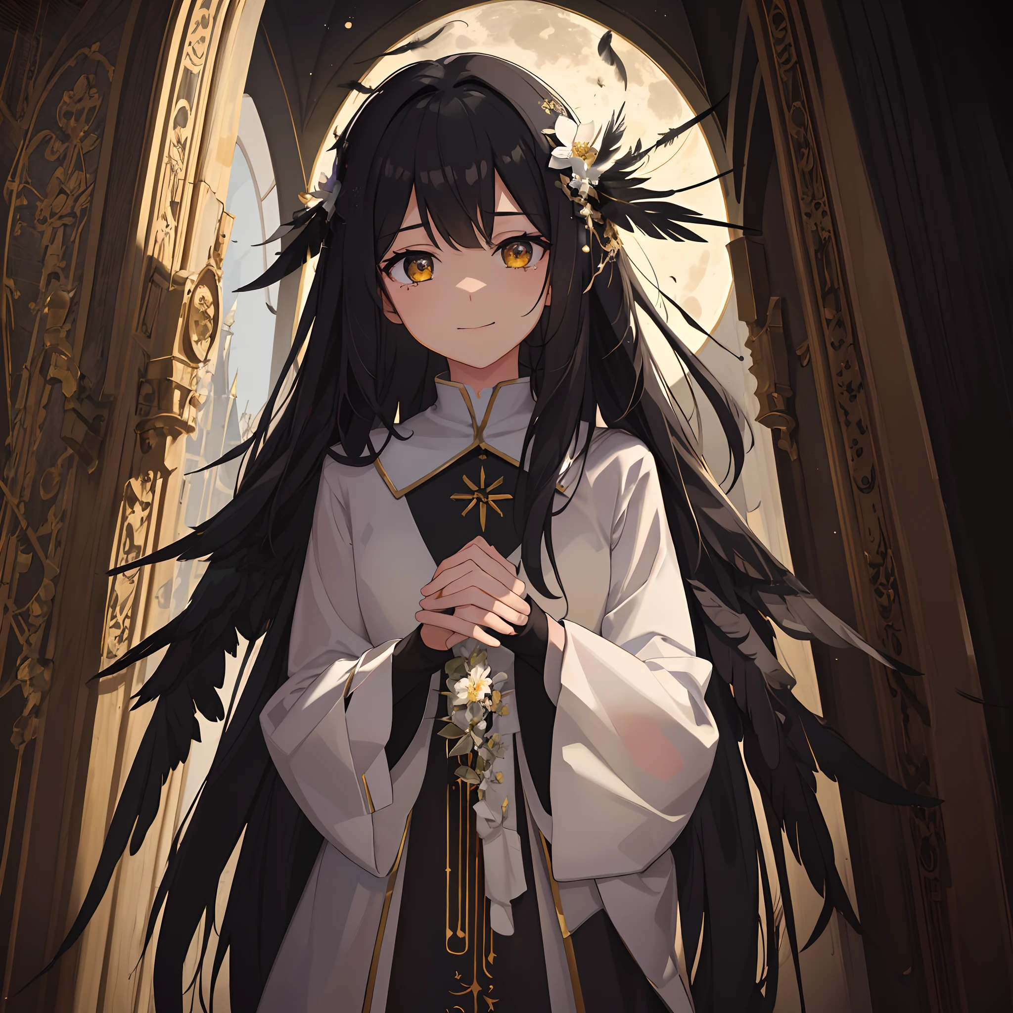 {{masterpiece}},{best quality},{solo},highres,extremely detailed CG wallpaper,extremely detailed figure,Amazing,one girl {inside the church and grasses} with very long black hair and hold a {luminous} flower in hands,night with bright colorful lights whith richly layered clouds and clouded moon in the detailed sky,{many} glowing black {feathers},extremely detailed eyes,finely detail,detailed face,a lot of glowing particles,{crying} and smile,{black wing},Depth of field,perspective,{sacred feeling}