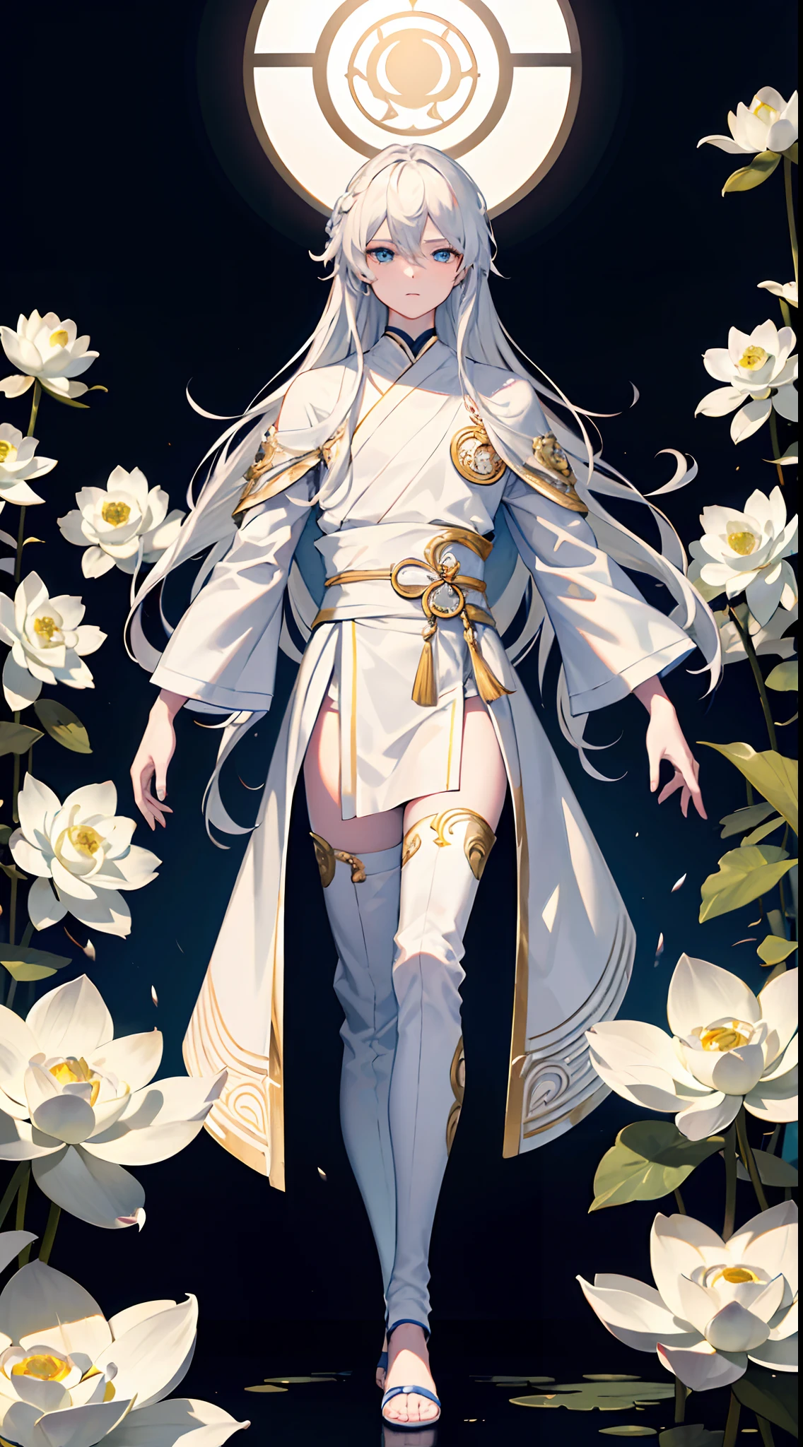best aesthetic, ultra high res, distinct, ultra detailed, best quality, high quality, ultra quality, 16k, high details, high resolution, detailed, masterpiece, beautiful, detailed skin, full body, (1boy), white hair, long hair, blue eyes, white lotus, white lotus robe, neutral man