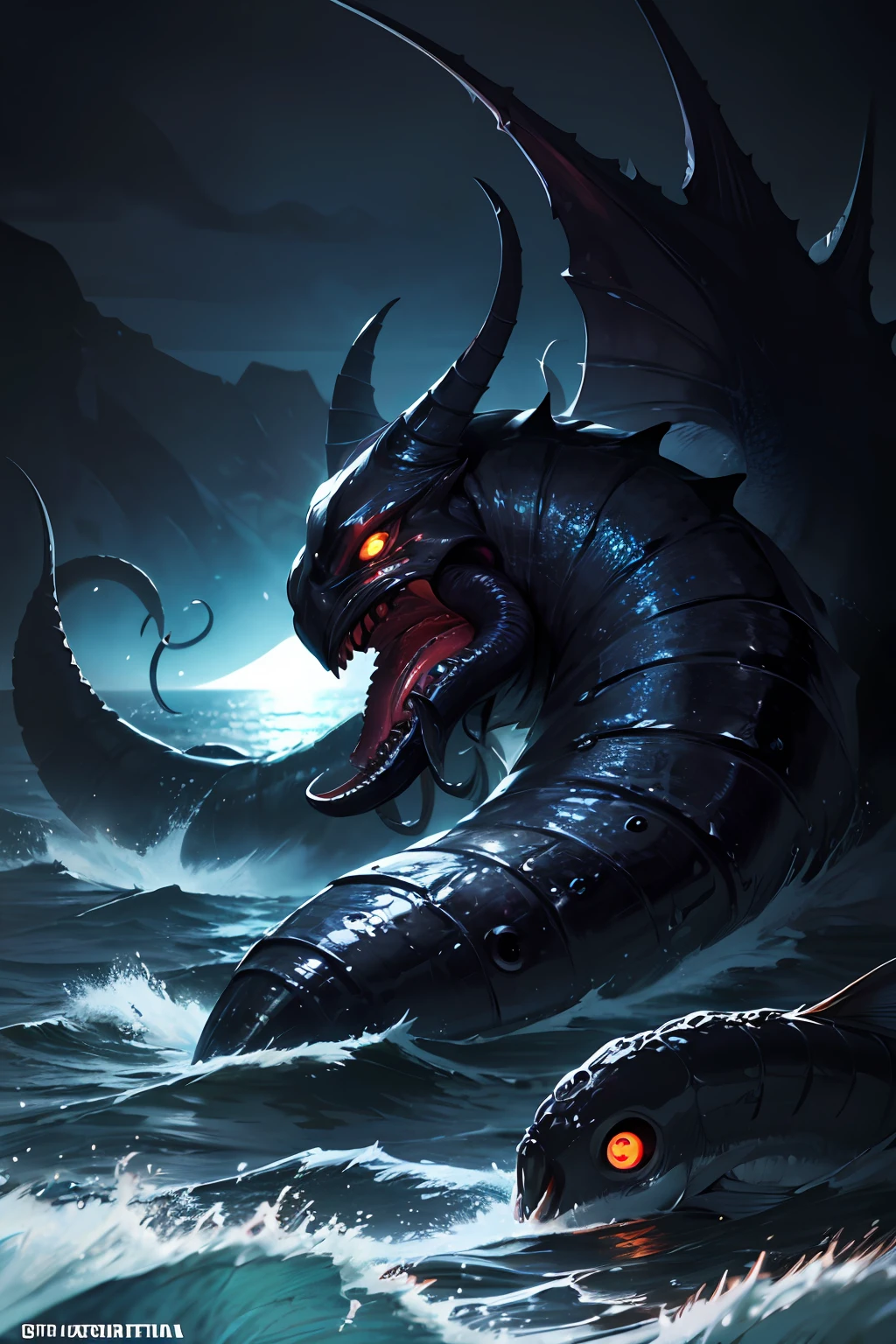 8K, Super detail, ccurate, Best quality, Masterpiece, Super detail, High details, High quality, Best quality, A high resolution
,nigth,darkly,raiden,Cthulhu,Monster,Fish,tentaculata,Black seawater,Recife,swell sea