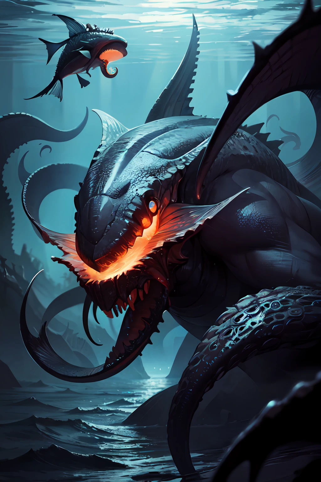 8K, Super detail, ccurate, Best quality, Masterpiece, Super detail, High details, High quality, Best quality, A high resolution
，nigth，darkly，raiden，Cthulhu,Monster,Fish,tentaculata，The whole body is the eyeball，Black seawater，Recife，swell sea