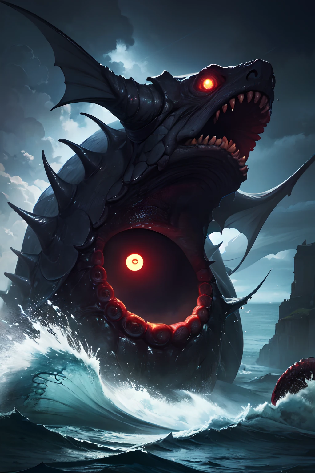 8K, Super detail, ccurate, Best quality, Masterpiece, Super detail, High details, High quality, Best quality, A high resolution
，nigth，darkly，raiden，Cthulhu,Monster,Fish,tentaculata，The whole body is the eyeball，Black seawater，Recife，swell sea