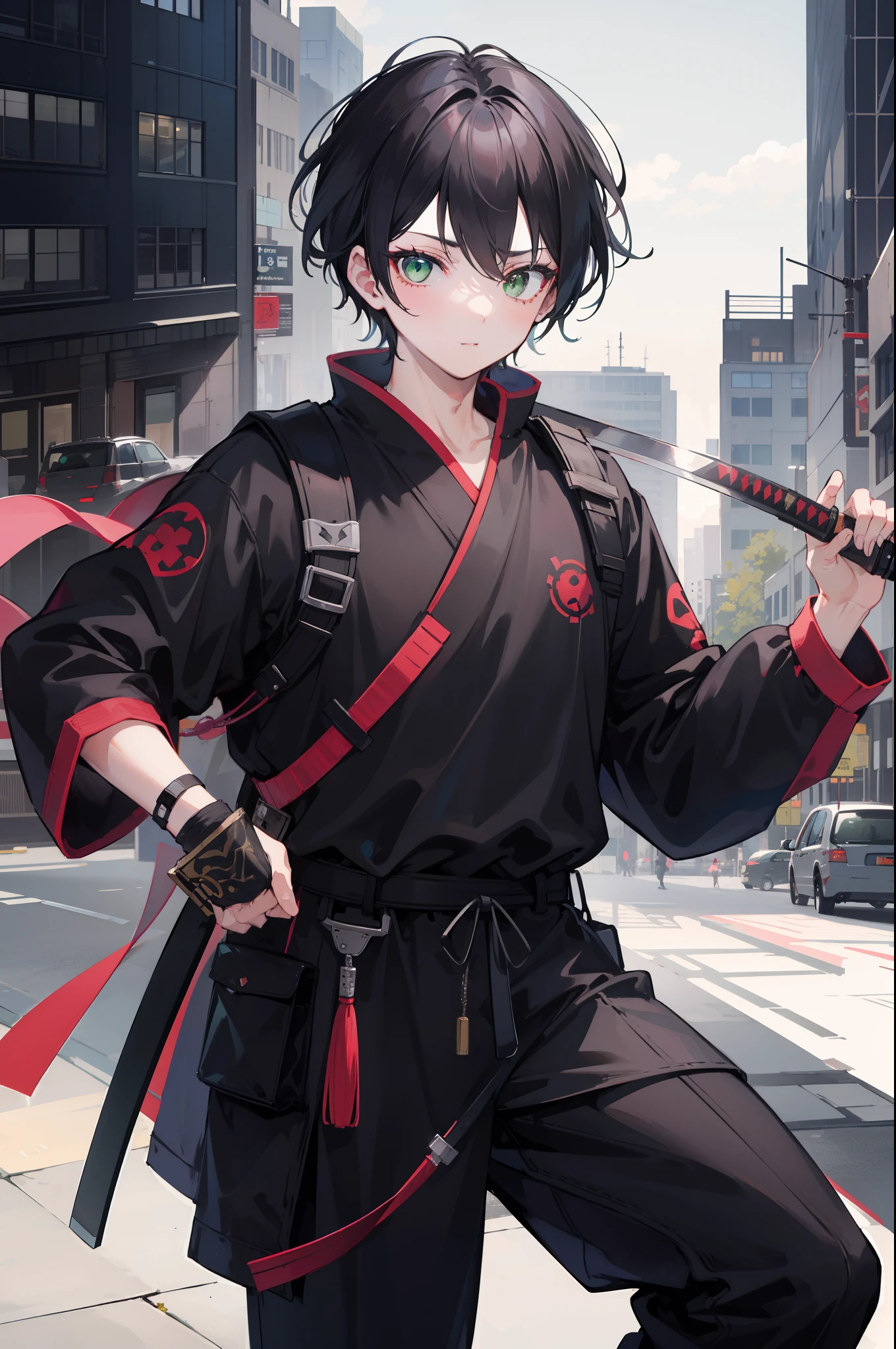 1 boy, black hair, green eyes, wearing black ninja outfit, holding a katana, city, absurdres, high res, ultrasharp, 8K, masterpiece, looking at viewer