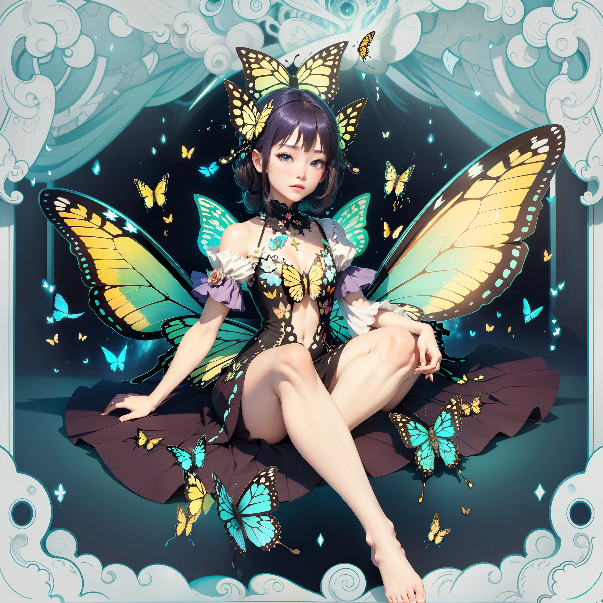 A fairy with butterfly wings sits on the ground，Spread your legs apart on either side。Raise a glowing butterfly in your right hand, She looked at the butterfly, Her eyes reflected the glow of butterflies