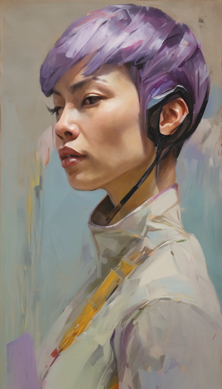 japanese woman, with accurate features, strong jawline, slightly pointed ears, short hair, lavender hair, dynamic angle shot, No extra ears, neck zoomed in, side view profile centered, wide high angle view, Two pointed ears,Side photo, wearing futuristic military uniform, science fiction