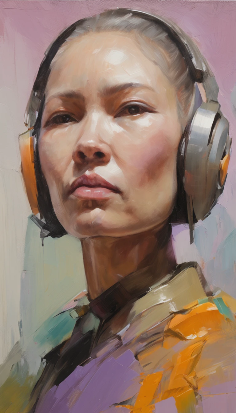 japanese woman, with accurate features, strong jawline, slightly pointed ears, short hair, lavender hair, dynamic angle shot, No extra ears, neck zoomed in, side view profile centered, wide high angle view, Two pointed ears，Side photo, wearing futuristic military uniform, science fiction