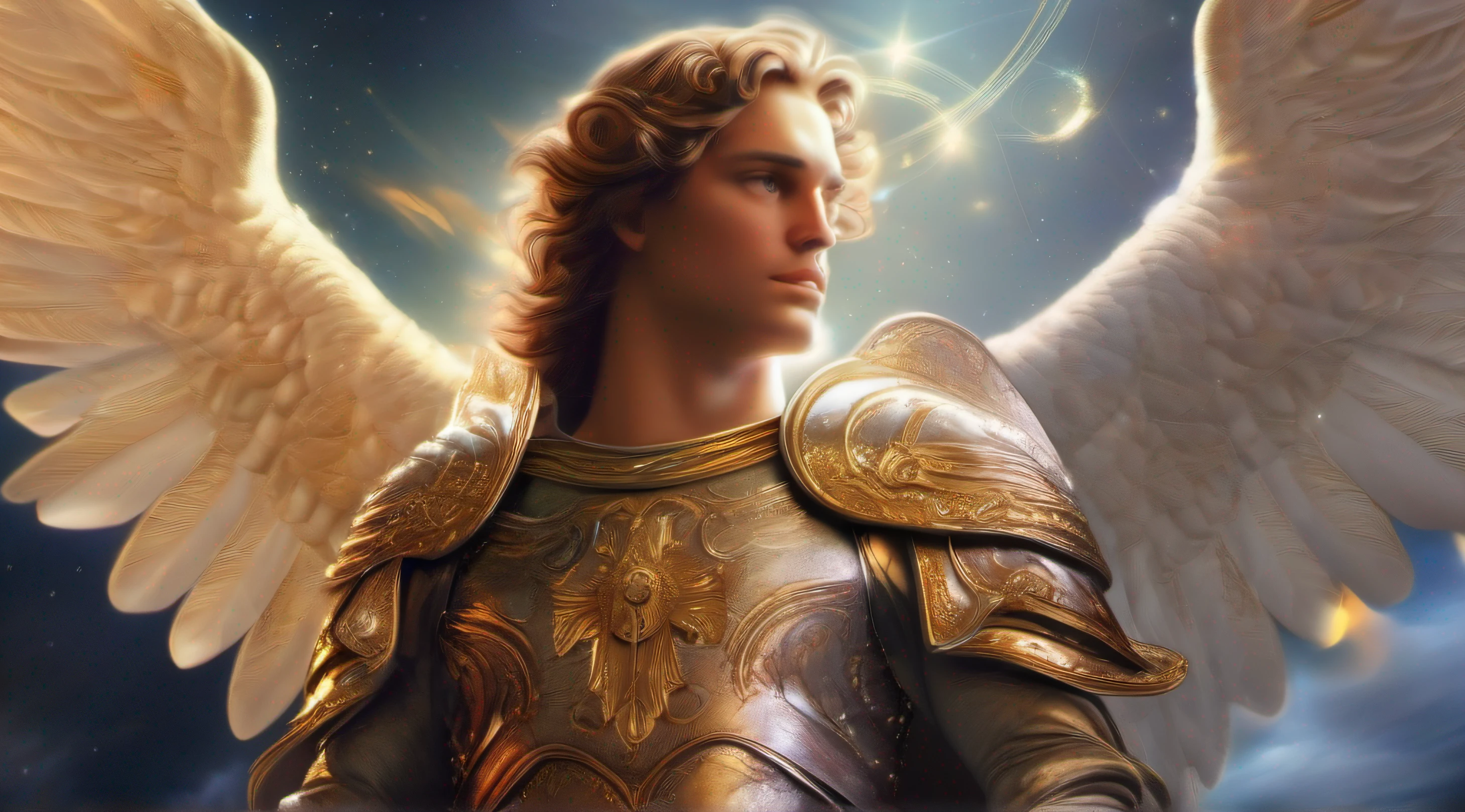 um personagem masculino, o arcanjo Miguel, imagem celestial, detalhes intricados, realista, asas ROSAS e grandes, fundo angelical, Catholic illustrative image of the archangel Michael, Male character of the Bible, Michael is wearing his angelic armor, cosmic background, Illumination in the Archangel and in the background, imagem do corpo todo do anjo, maximum detail and his angelic face and wings, pele perfeita realista, maximum image quality, Miguel ele esta destacado na imagem com cores fortes e chamativas.