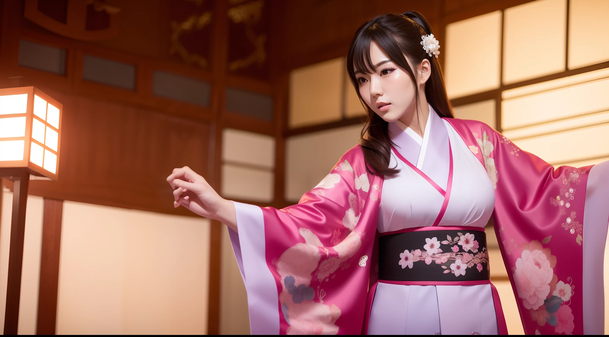 a sexy korean woman wearing kimono and dancing