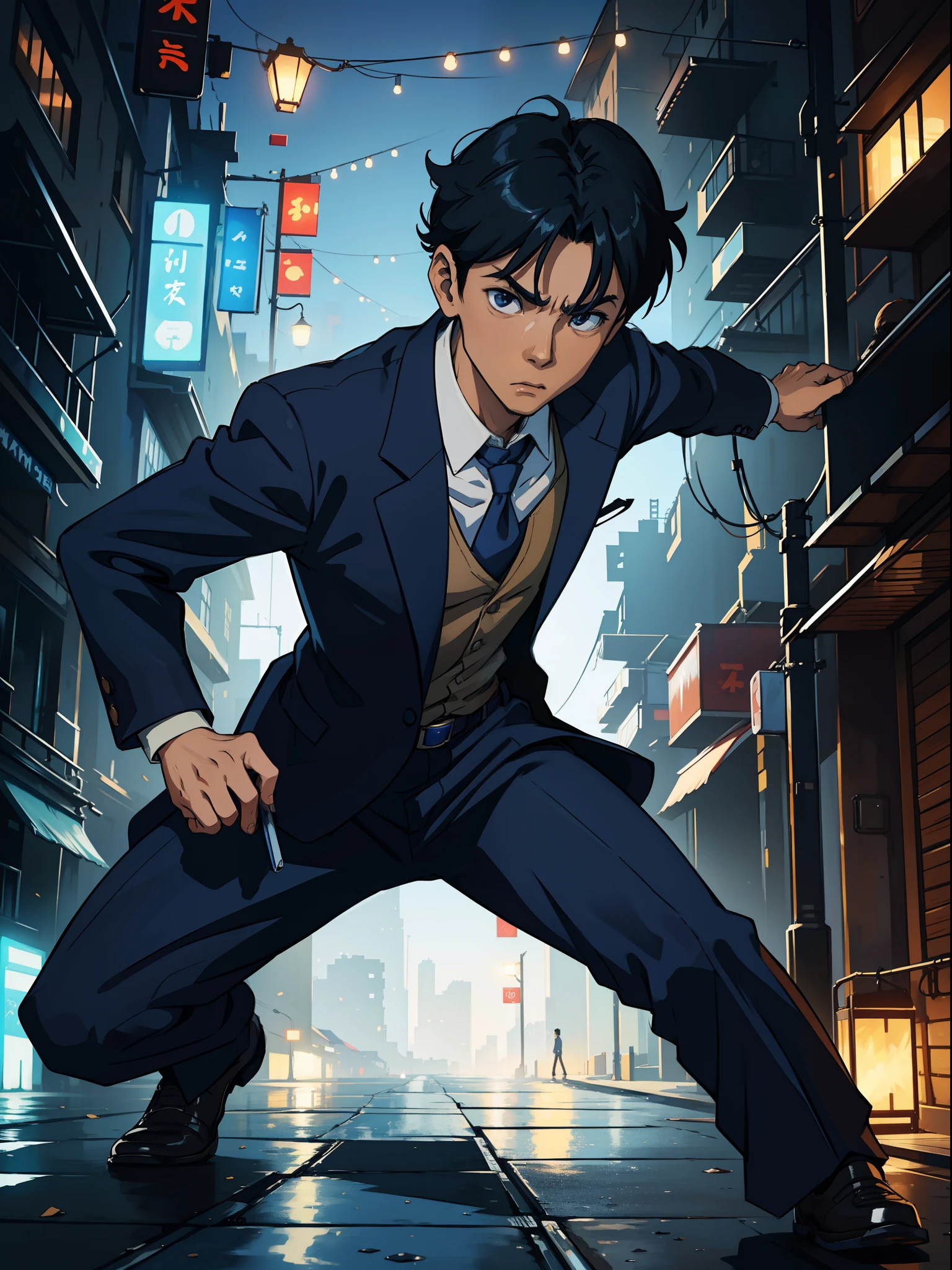 (Kudo Shinichi, shinichi kudo), the main protagonist of the series Detective Conan, Realistic, Photorealistic, (masterpiece:1,5), urban background, concept art, intricate detail, high detail, photo realistic, octane render, dynamic poses, (face realistic  : 1.1), (hyperrealistic:1.1), ((full_body 1:1)), (highly detailed background), not out of frame, Macro photography, Macro lens, Super detailed