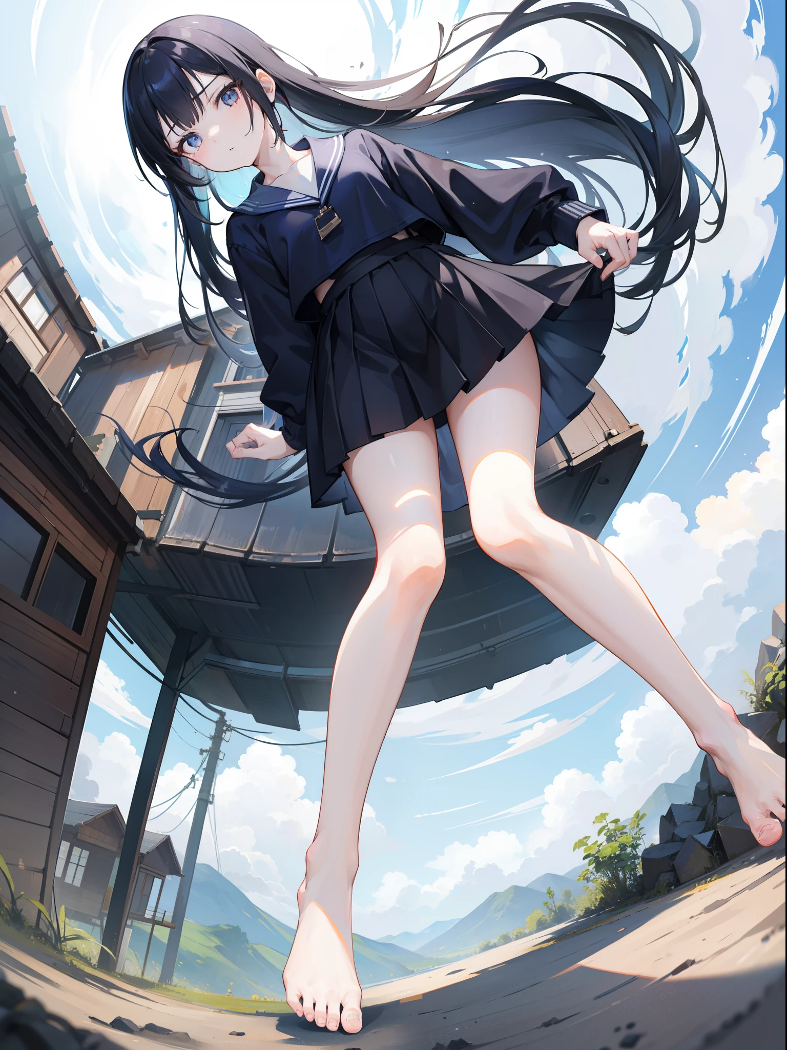 1girl, Giantess, strong fisheye perspective, view on ground, very low angle, up front view，long navy hair，No short skirt，trousersless，feet on ground, very far away, very small,  on her house