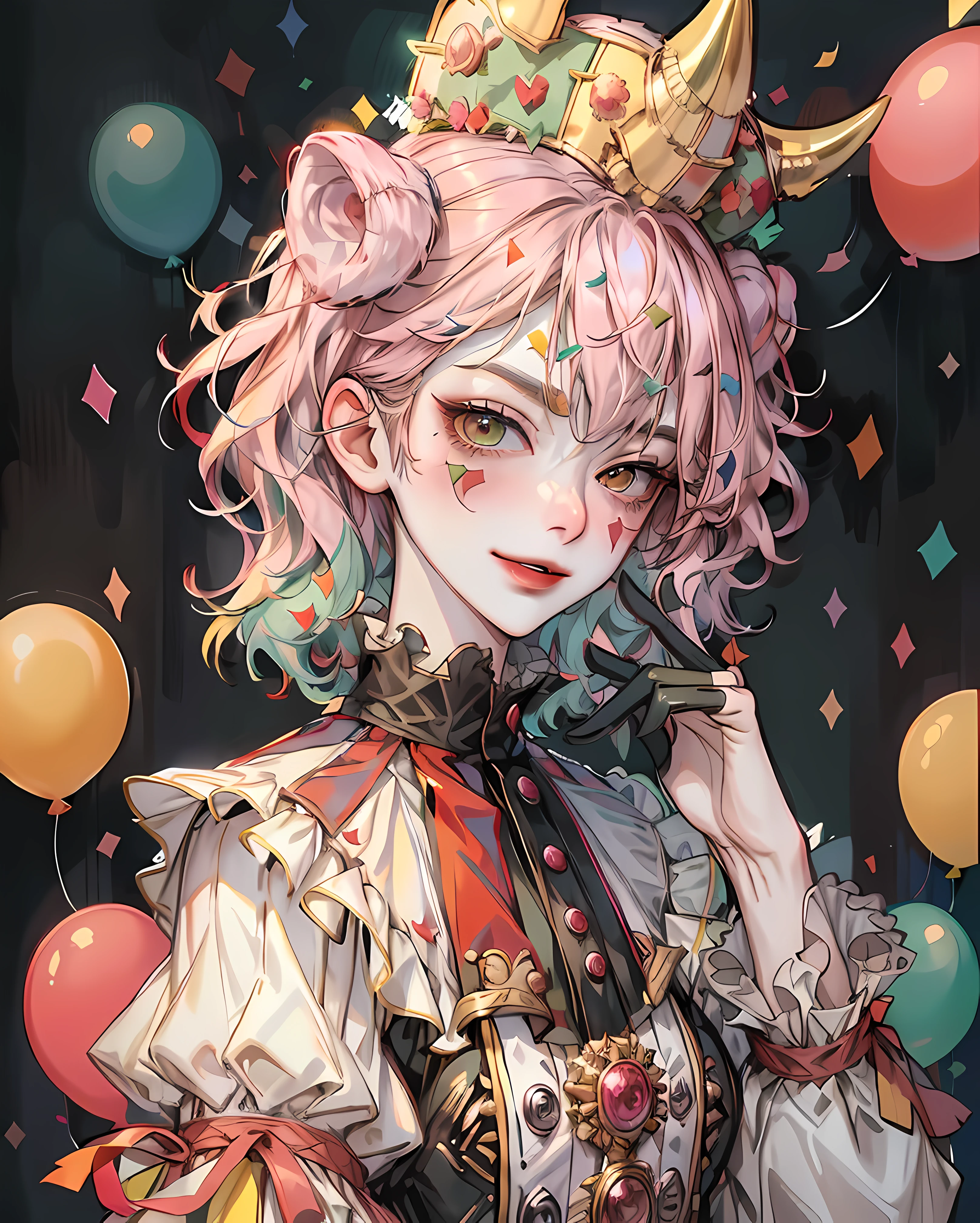 masterpiece, best quality, absurdres, 1girl, solo, (mature female), tall female, fantasy clown girl, clown, long hair, curly hair, pink hair, mischievous and playful, green eyes, round eyes, looking at viewer, thin eyebrows, big smile, clawn horns, clown tail, colorful dress with ruffles and pom-poms, hand up, black gloves, gloves, bright and cheerful tones, bright lighting, medium shot, confetti, streamers