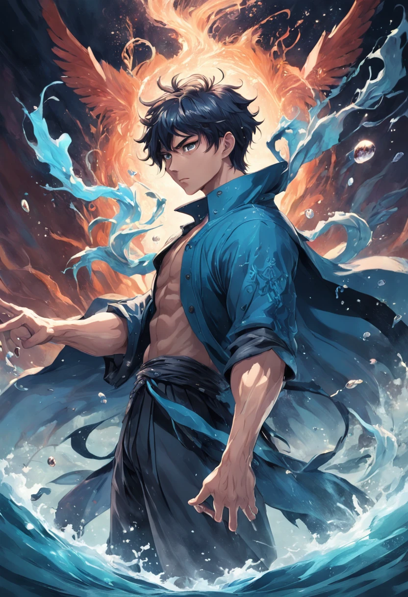 (masterpiece, best quality:1.4),(absurdres, highres, ultra detailed:1.2), (1 handsome man:1.4),(using dark magic:1.4),water magic,playful illustrations, imaginative overlays, artistic fusion,fantastical scenes, evocative narratives, striking visuals, upper body,