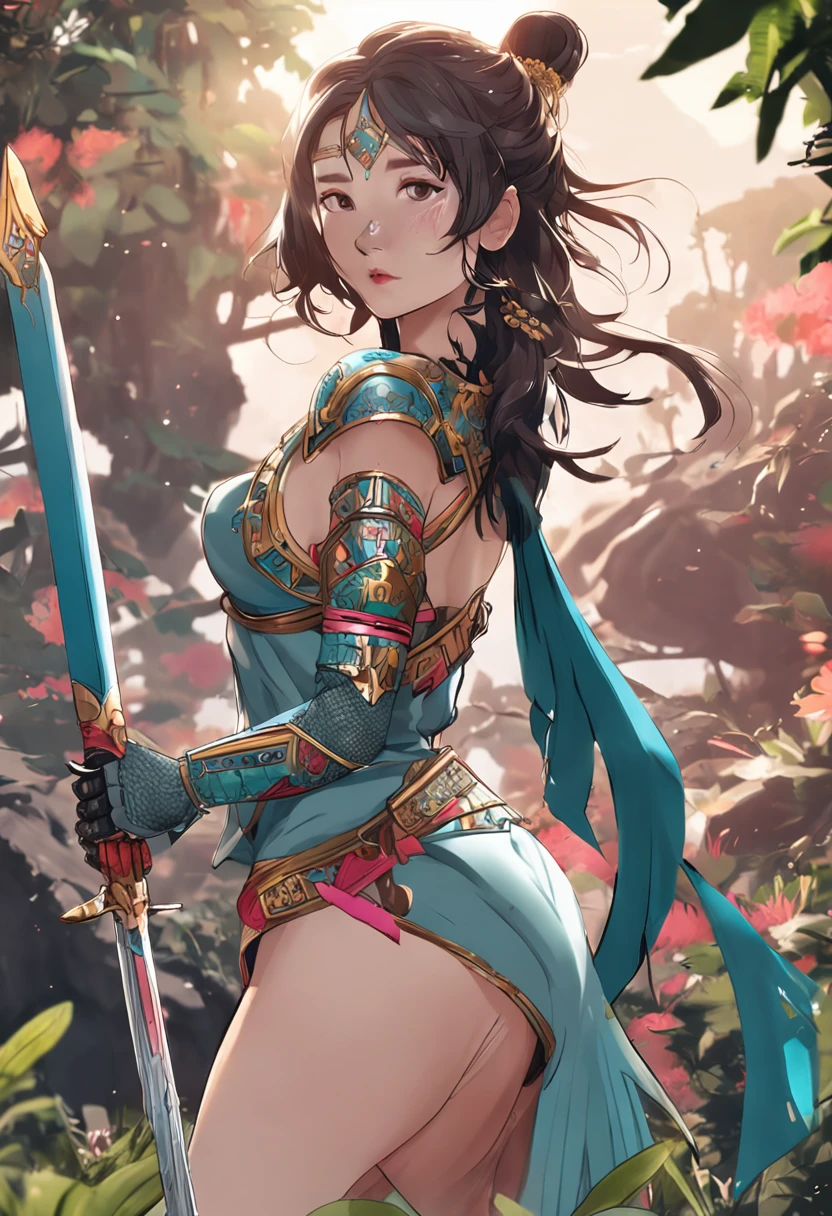 Top quality、Beautiful Hmong woman、Knightess、bikini armor、Fantasia、full-bodied lesbians、holding a sword、Stunning views、medium hair、
