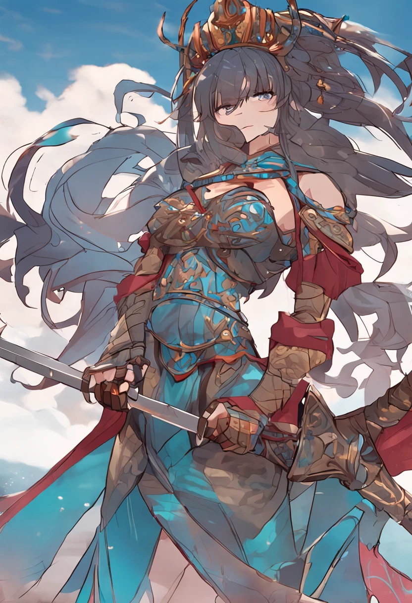 Top quality、Beautiful Hmong woman、Knightess、bikini armor、Fantasia、full-bodied lesbians、holding a sword、Stunning views、medium hair、