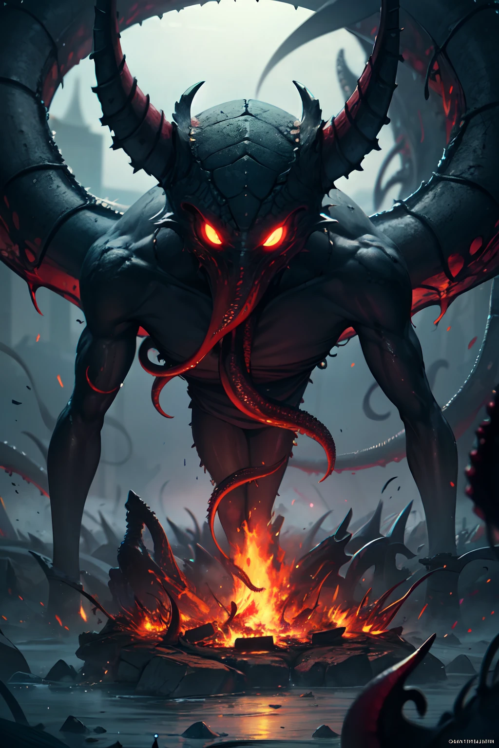 8K, Super detail, ccurate, Best quality, Masterpiece, Super detail, High details, High quality, Best quality, A high resolution
，nigth，darkly，raiden，Cthulhu,Grotesque，Monster,carrion，tentaculata，floating in air，Black alpine，firestorm，swirles