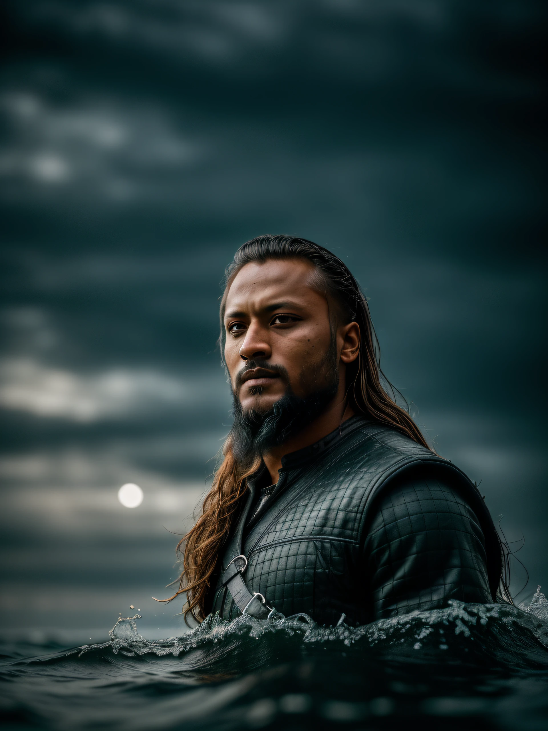 Realistic 8k image of Shakib al hasan as Ragnar Lothbrok (with black hair) onboard a viking longship, ((low angle hero shot)), (Upper body closeup), show Shakib as  Ragnar navigating treacherous waters, Shakib al hasan as Ragnar is navigating his crew, show Shakib al hasan commanding the ship crew, this scene will be dark and scary, highlighting Shakib al hasan sailing on treacherous waters, dark tones with moonlit seas, dark and intimidating atmosphere like Viking series colour tone, ((sharp focus on portrait)), (balanced composition), high quality and realistic image, cinematic style, ((Best quality, 8k, Masterpiece), rough face, detailed skin, masterpiece, professional photography, (high detail:1 1), natural skin, (detailed face and eyes), (face: 1 2), noise, real photo, film photography, high resolution, 8k, realistic, 8k UHD, SLR camera, high quality, film grain, (Fujifilm X-T20, Fujifilm Fujinon XF 50mm f/2 R WR lens, Lens focal Length 50mm, Shutter speed 1/300 sec, APERTURE: 2, ISO: 80), volumetric lighting, dark background, dark fantasy, highly detailed, sharp focus, shallow depth of field, bokeh, blurry background, high contrast, contrast lighting, (dim colours), exposure blend, (dusty:1.3)