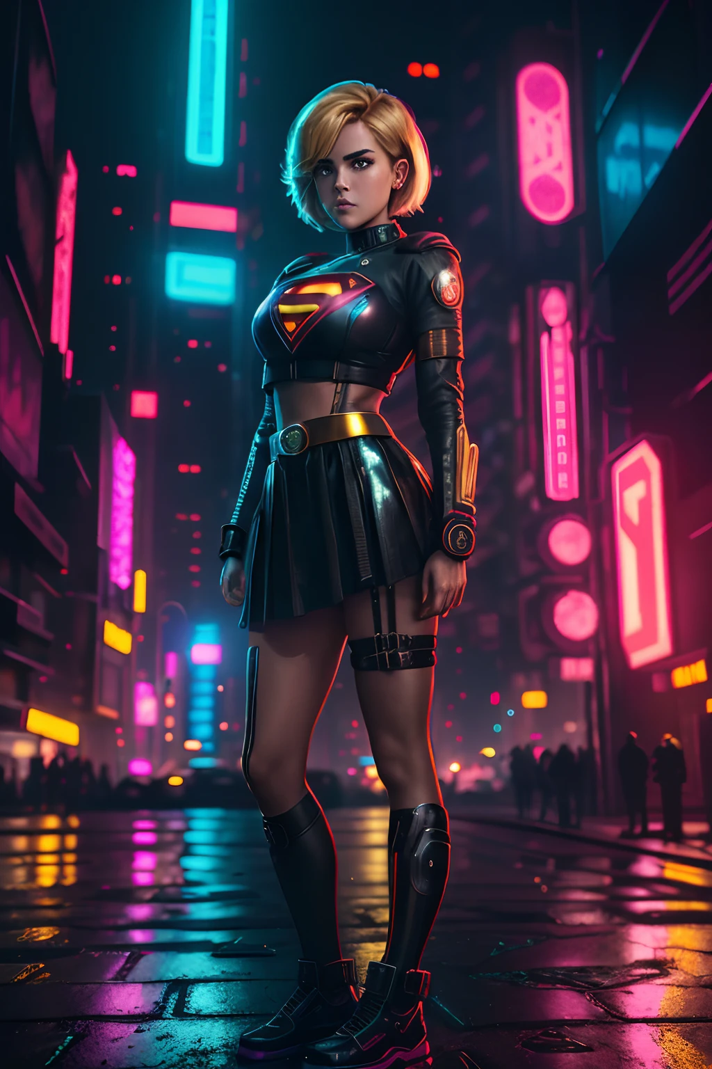 Kiernan Shipka，with short golden hair，short  skirt，Wears Superman S on his chest, Black latex dress, Supergirl cosplay standing on wet street, Large of breast, big breasts thin waist, Thigh thick, EM Cyberpunk City, at a cyberpunk city, cyber punk style, Photo Cyberpunk, Cyberpunk shiny latex skirt, cyberpunk in a cyberpunk city, Cyberpunk female blonde, in a cyberpunk setting, at a cyberpunk city, at a cyberpunk city, Cyberpunk, cyber punk Girl, in a futuristic cyberpunk city --auto
