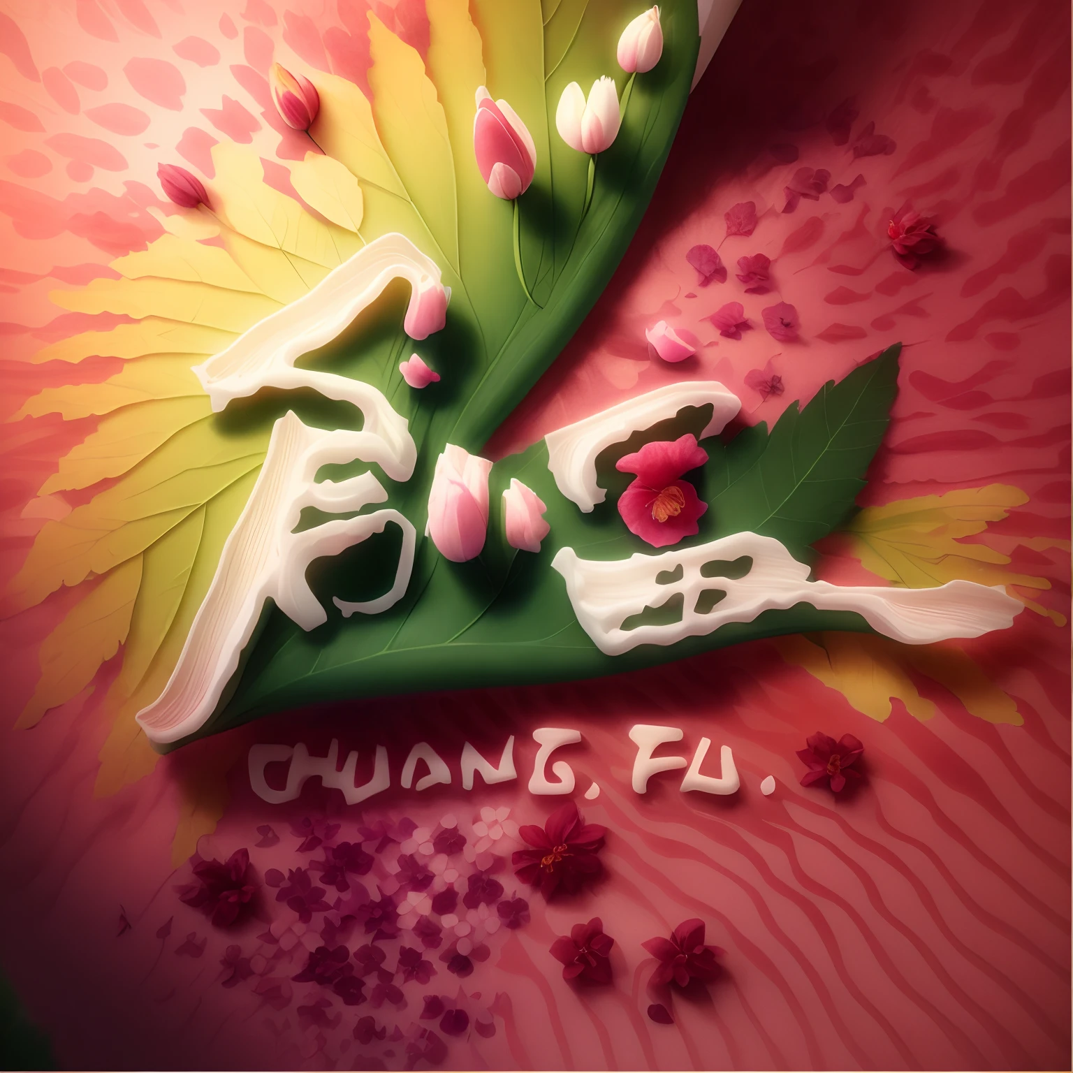 high qulity,tmasterpiece,Hyper-detailing,Beautiful composition,8K,oc rendered,.。.。.。.。.。.。.。.3D, Pink petals,Plant leaves entangled,one color background