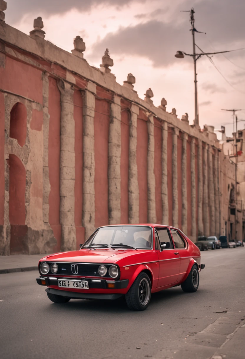 Un deportivo rojo en la ciudad, GOLF MKII, velocidad y elegancia impresionantes, luces brillantes, Vibrant neon, carreteras nocturnas, Modern urban atmosphere.