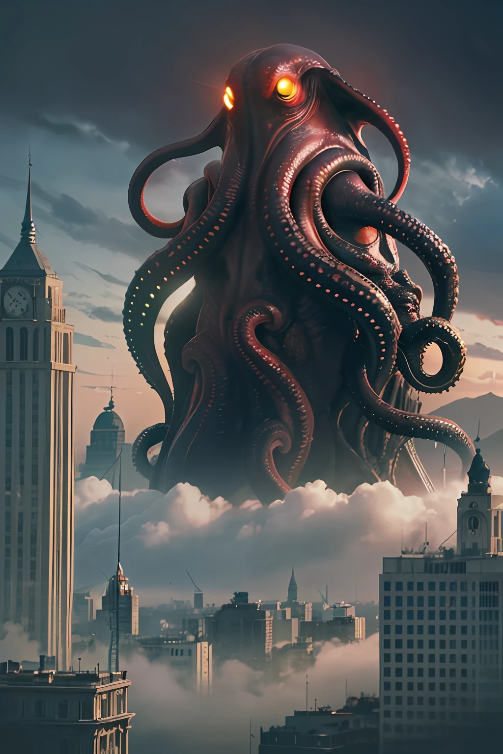 (((Cthulhu Mythos))),((Blood,Bloody)),Best quality, Masterpiece, A high resolution,extremely detailed CG wallpaper,Modern City,More details,(Stand on a tall building),(Black tentacles),(blood vess),kesulu