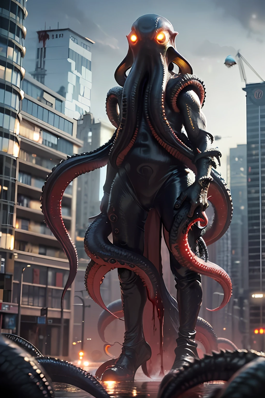 (((Cthulhu Mythos))),((Blood,Bloody)),Best quality, Masterpiece, A high resolution,extremely detailed CG wallpaper,Modern City,More details,(Stand on a tall building),(Black tentacles),(blood vess),kesulu